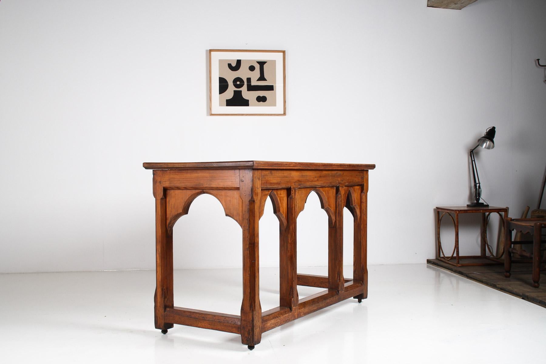 Large Ecclesiastical Gothic Revival Serving Table, Workstation Desk Countertop For Sale 1