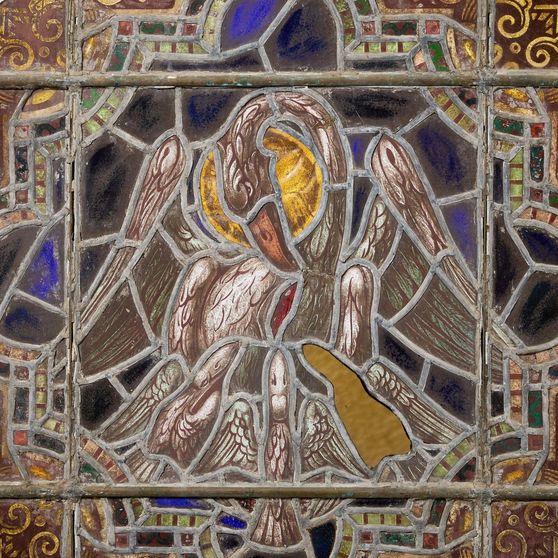Victorian Large Ecclesiastical Roundel Pelican of Piety Stained Glass Panel For Sale