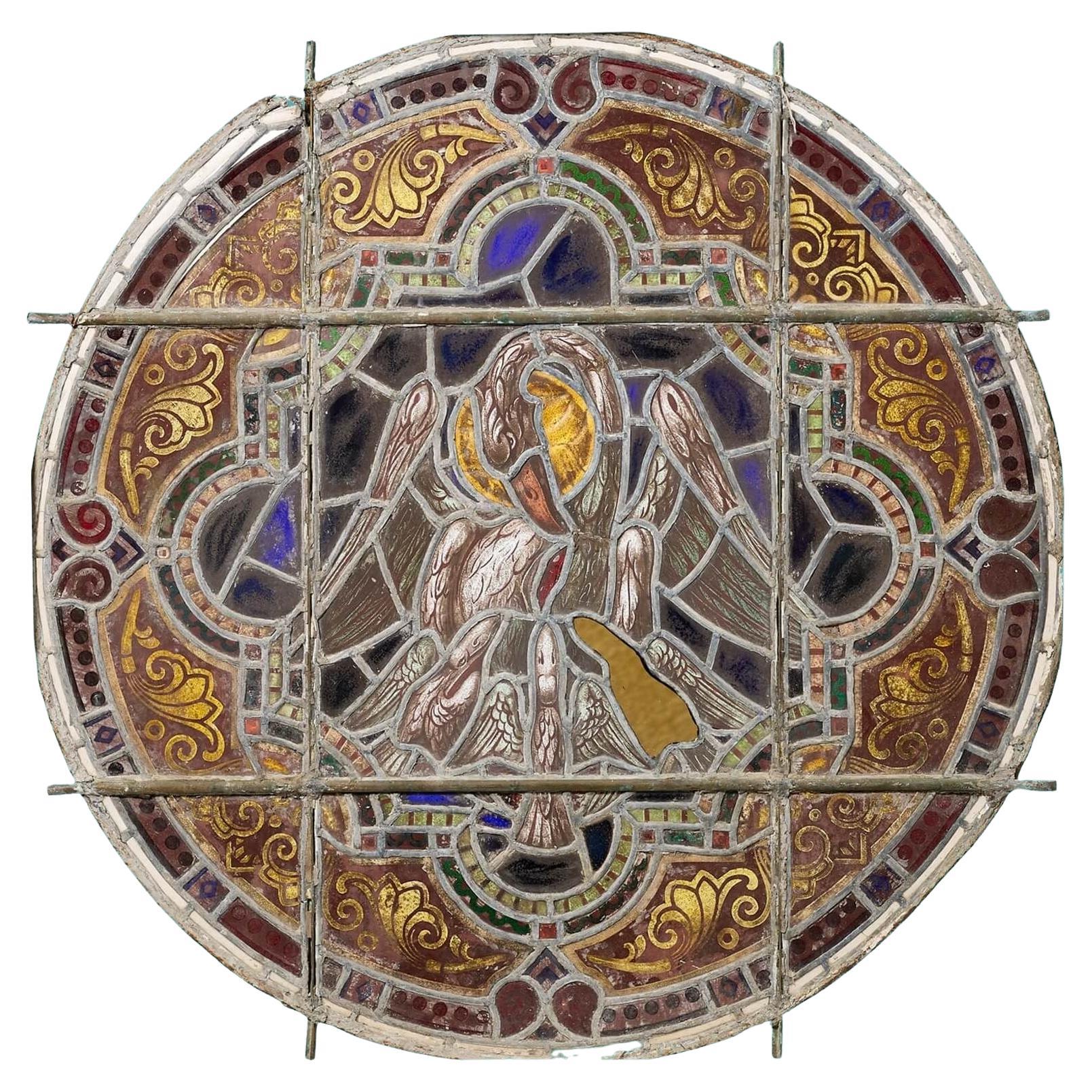 Large Ecclesiastical Roundel Pelican of Piety Stained Glass Panel For Sale
