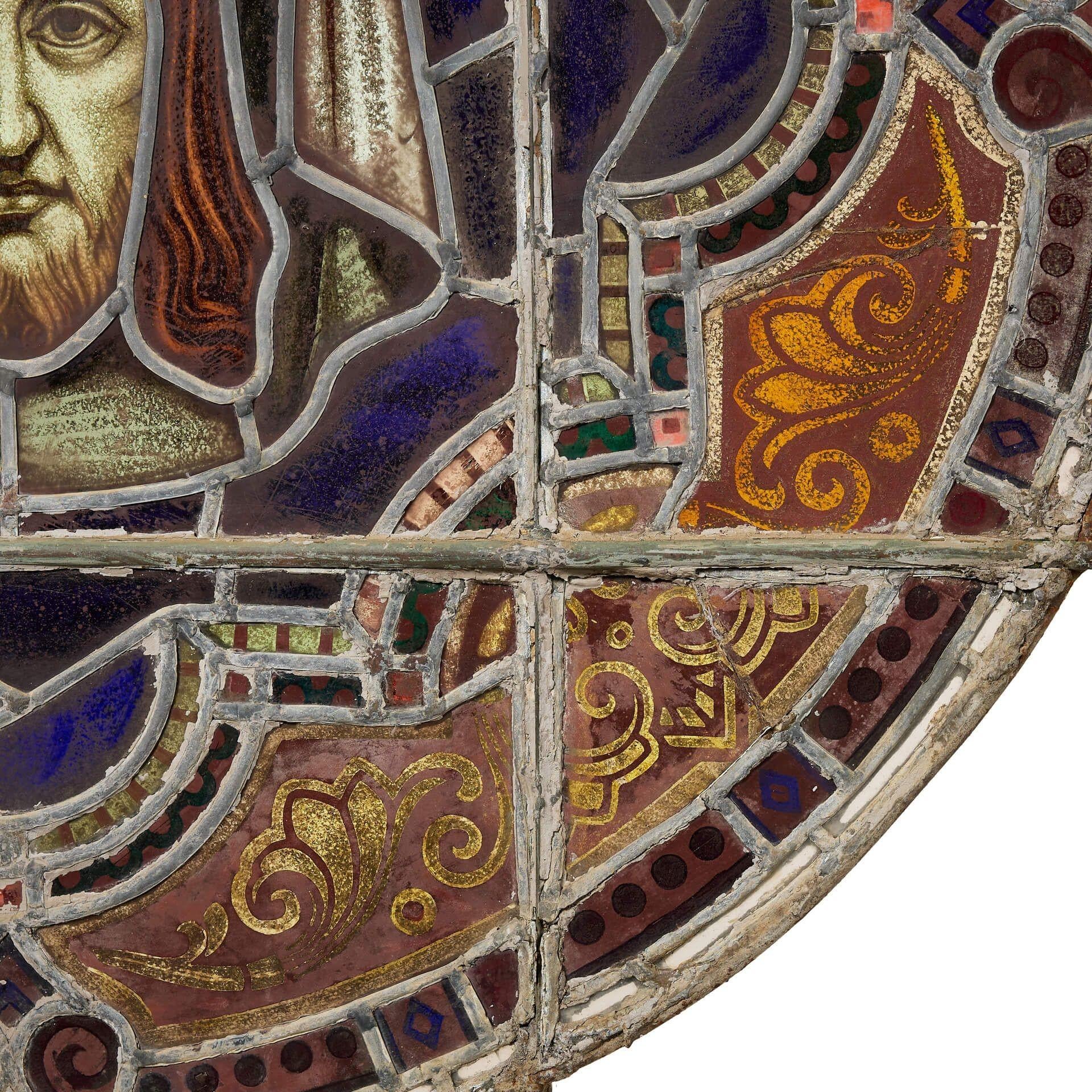 Large Ecclesiastical Roundel Stained Glass Panel In Fair Condition For Sale In Wormelow, Herefordshire