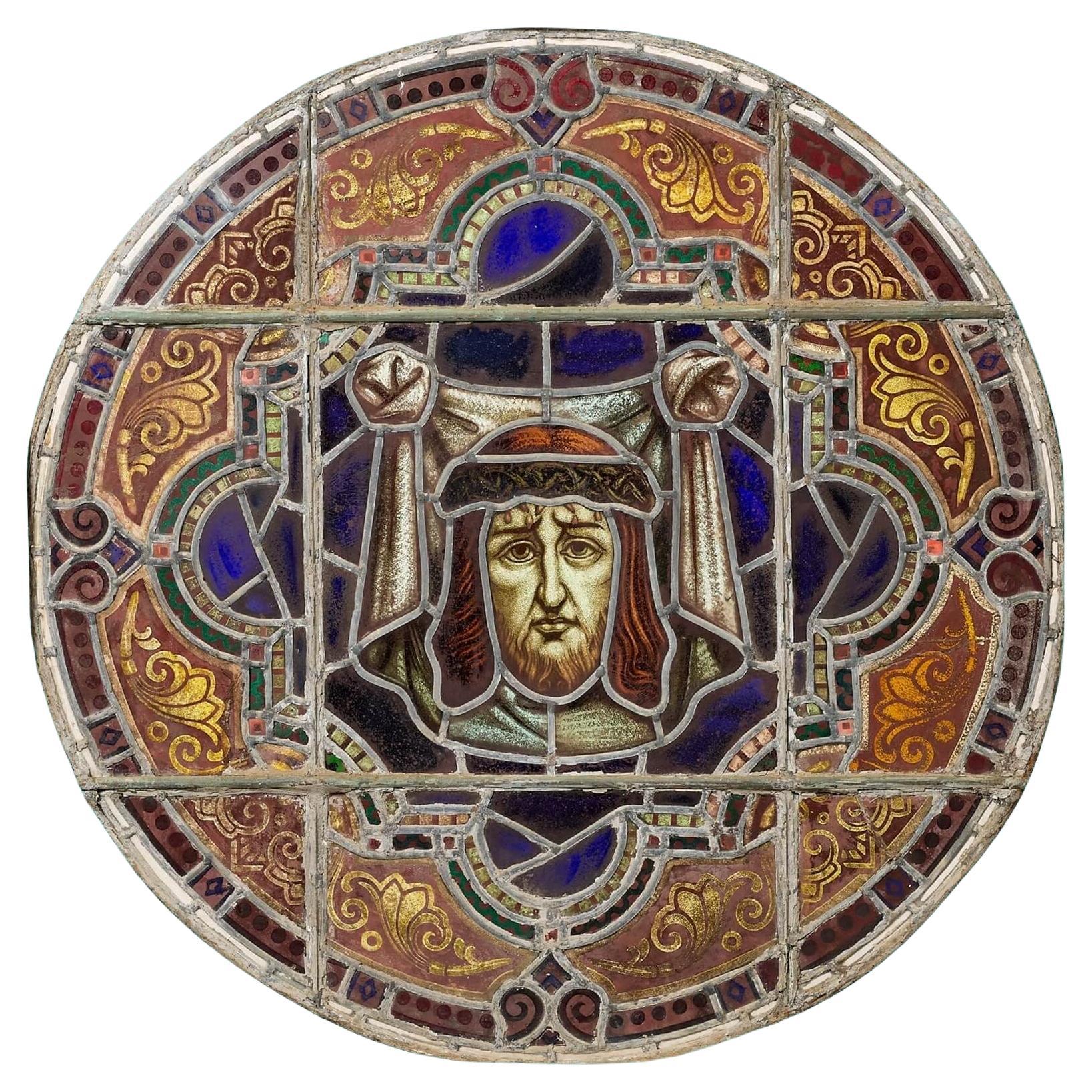 Pannello in vetro colorato con tondo ecclesiastico di grandi dimensioni