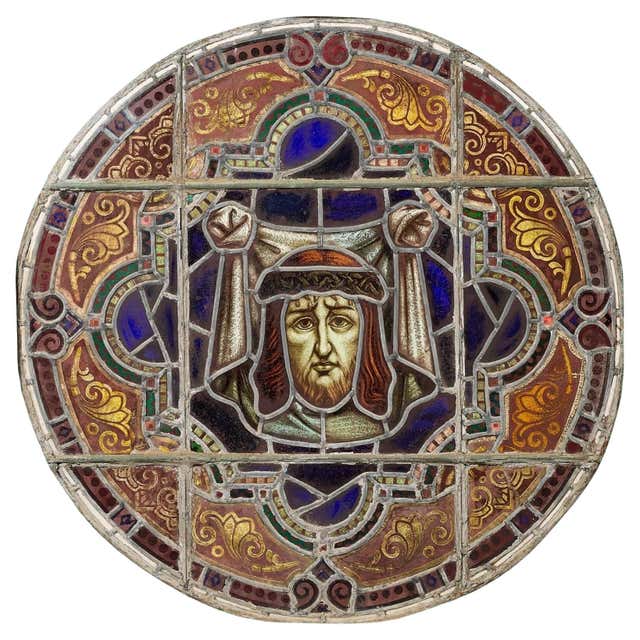 Large Antique Ecclesiastical Stained Glass Roundel Window For Sale at ...