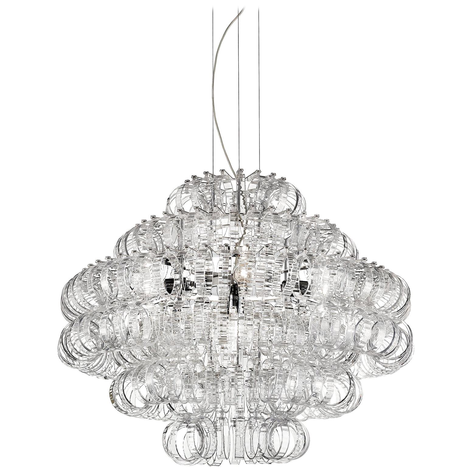 For Sale: Clear (Crystal and Striped) Large Ecos SP 90 Chandelier with Chrome Frame by Vistosi