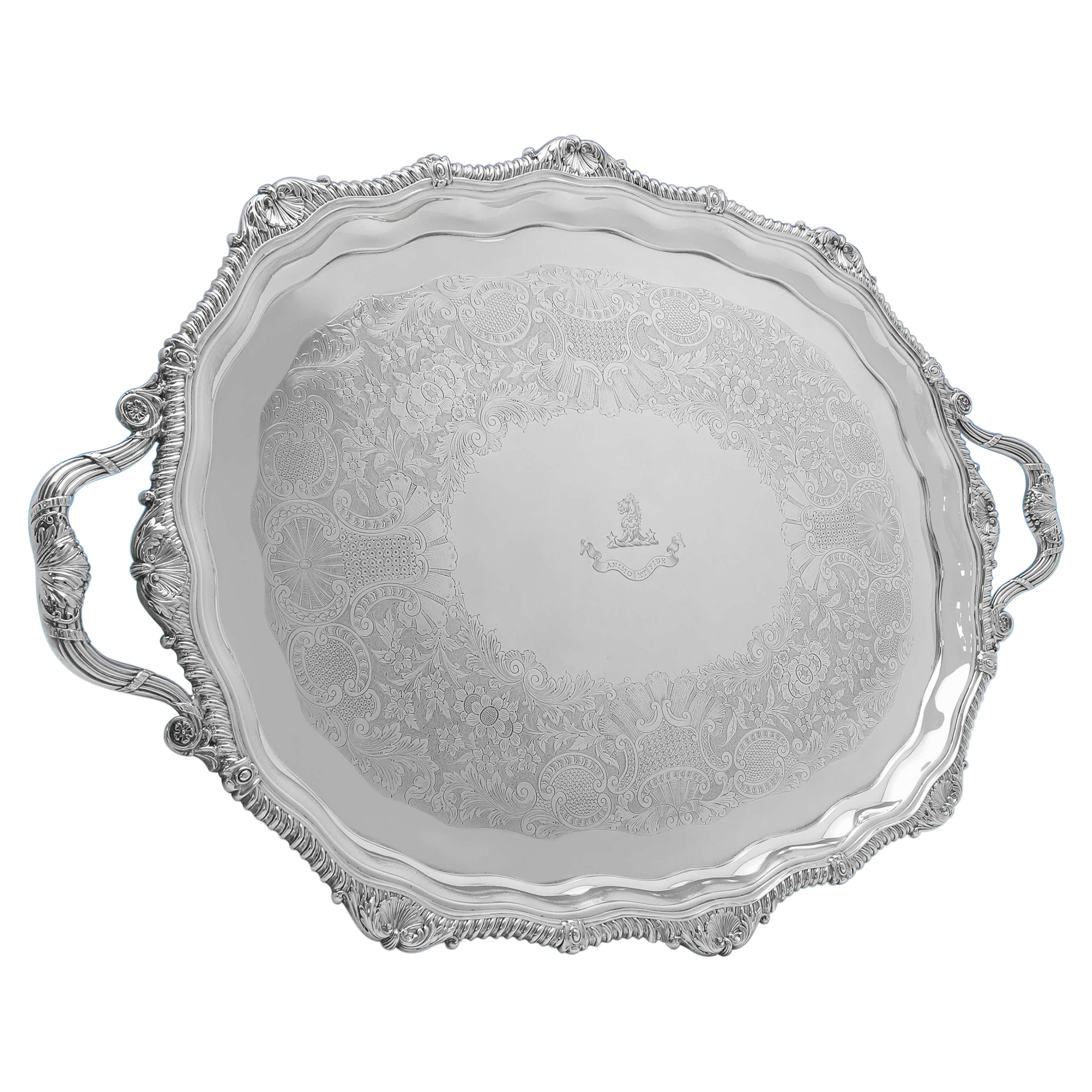 Grand plateau anglais ancien en argent édouardien, poinçonné à Londres en 1905