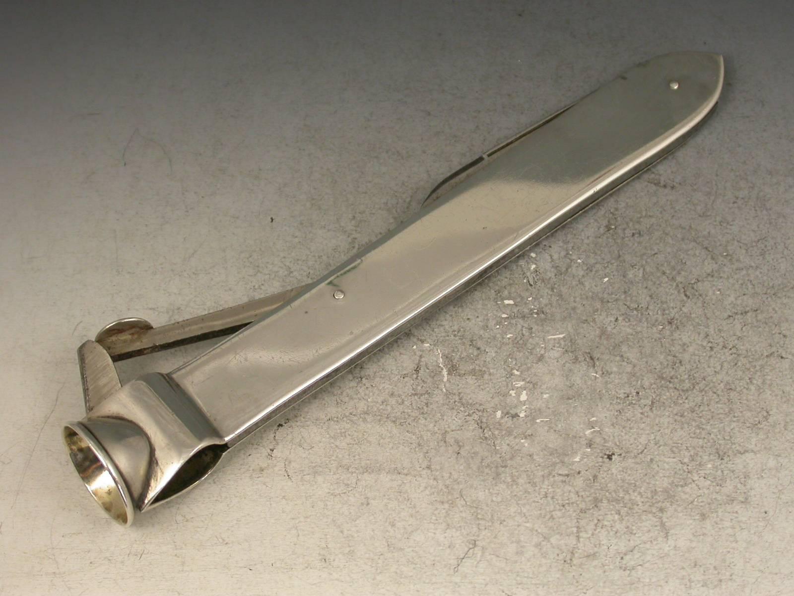 English Large Edwardian Antique Silver Cigar Cutter/Pen Knife by S Mordan Chester, 1913 For Sale