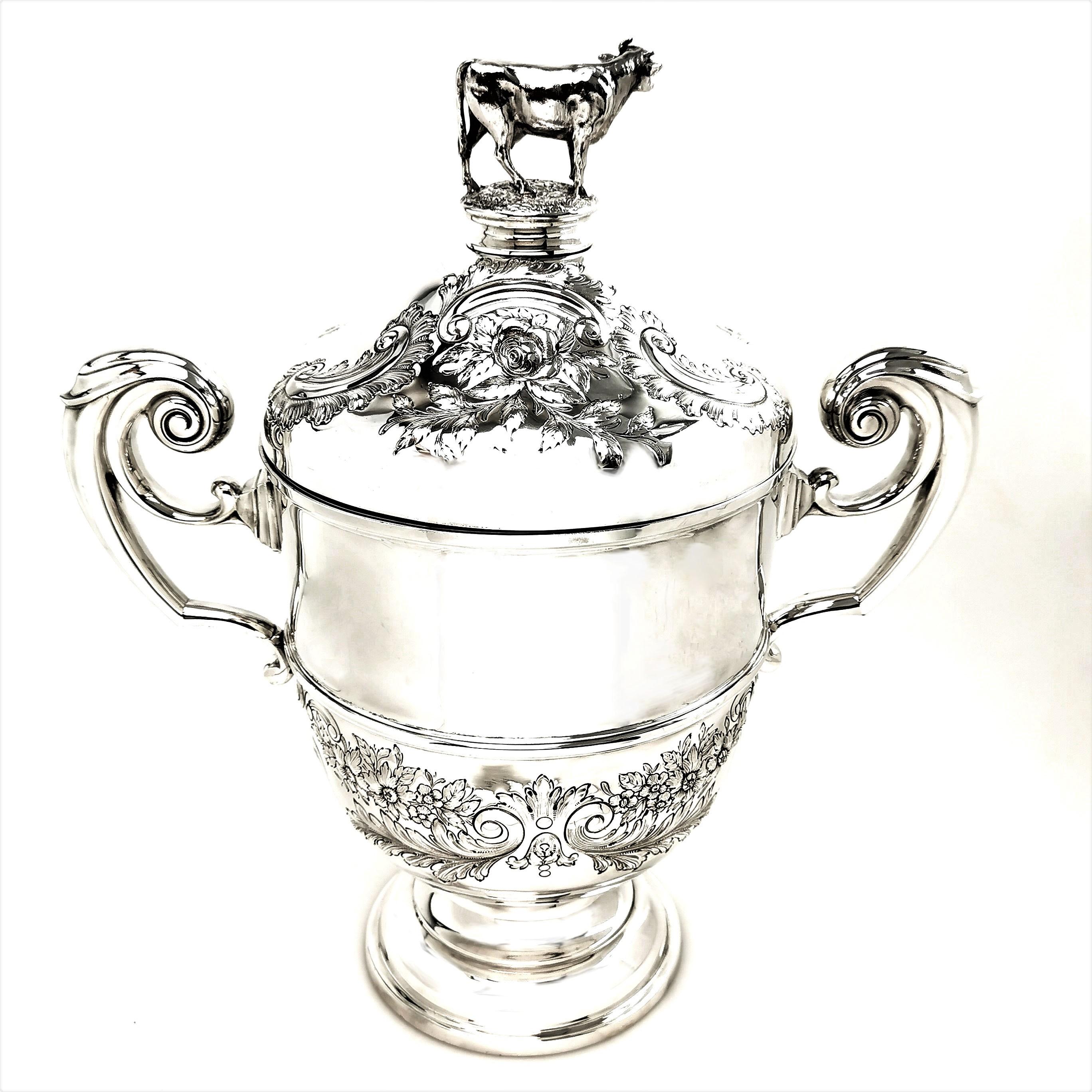 English Large Edwardian Antique Silver Trophy Lidded Cup & Cover 1903 Cow