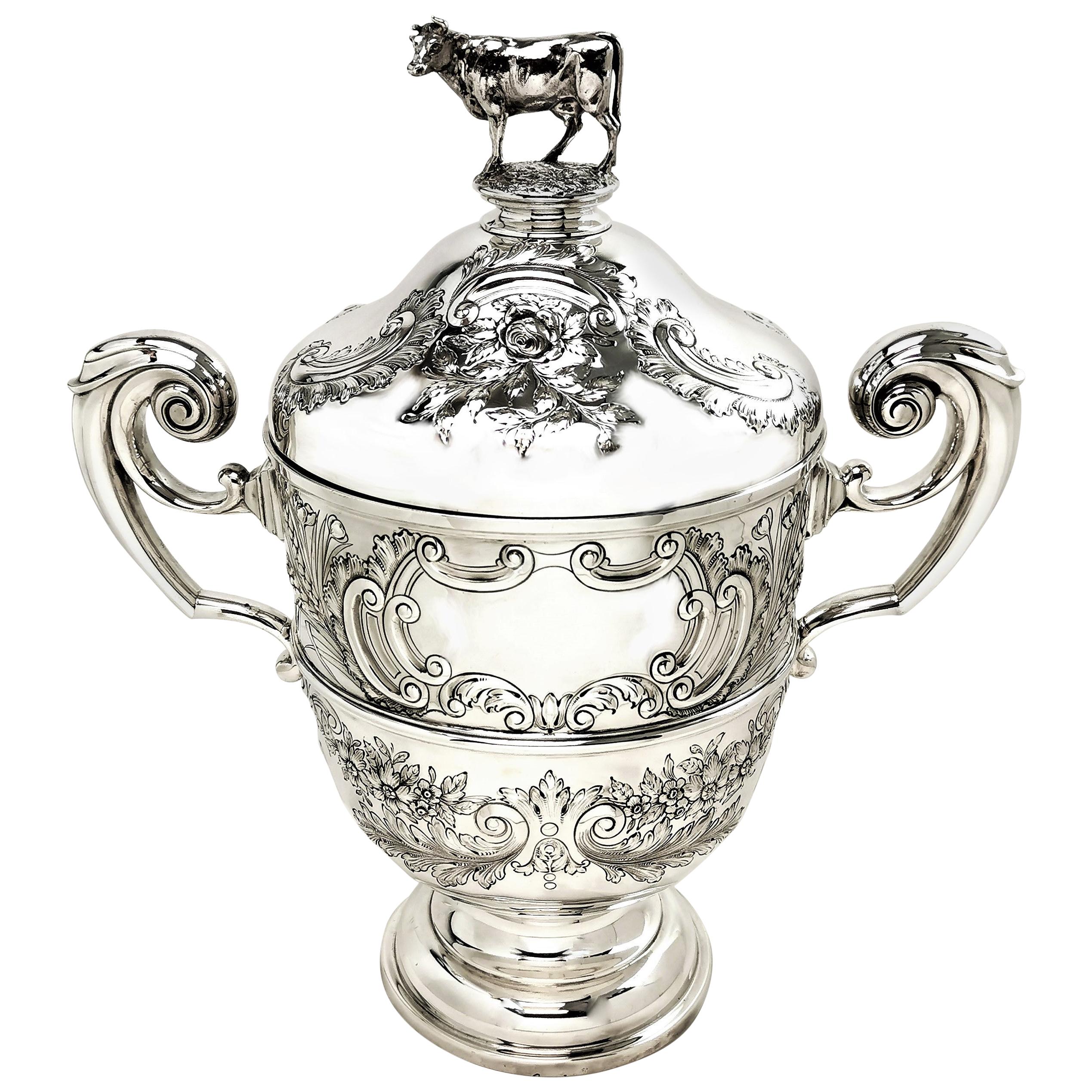 Large Edwardian Antique Silver Trophy Lidded Cup & Cover 1903 Cow