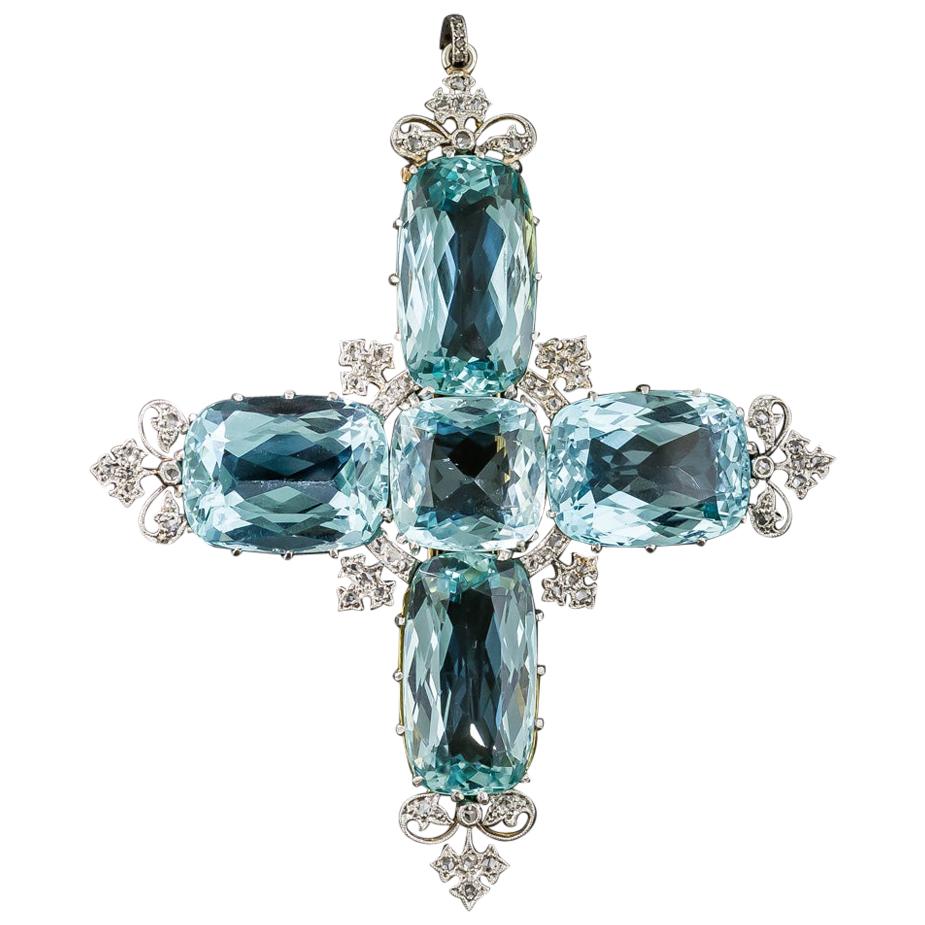 Large Edwardian Aquamarine and Diamond Cross Pendant / Brooch For Sale