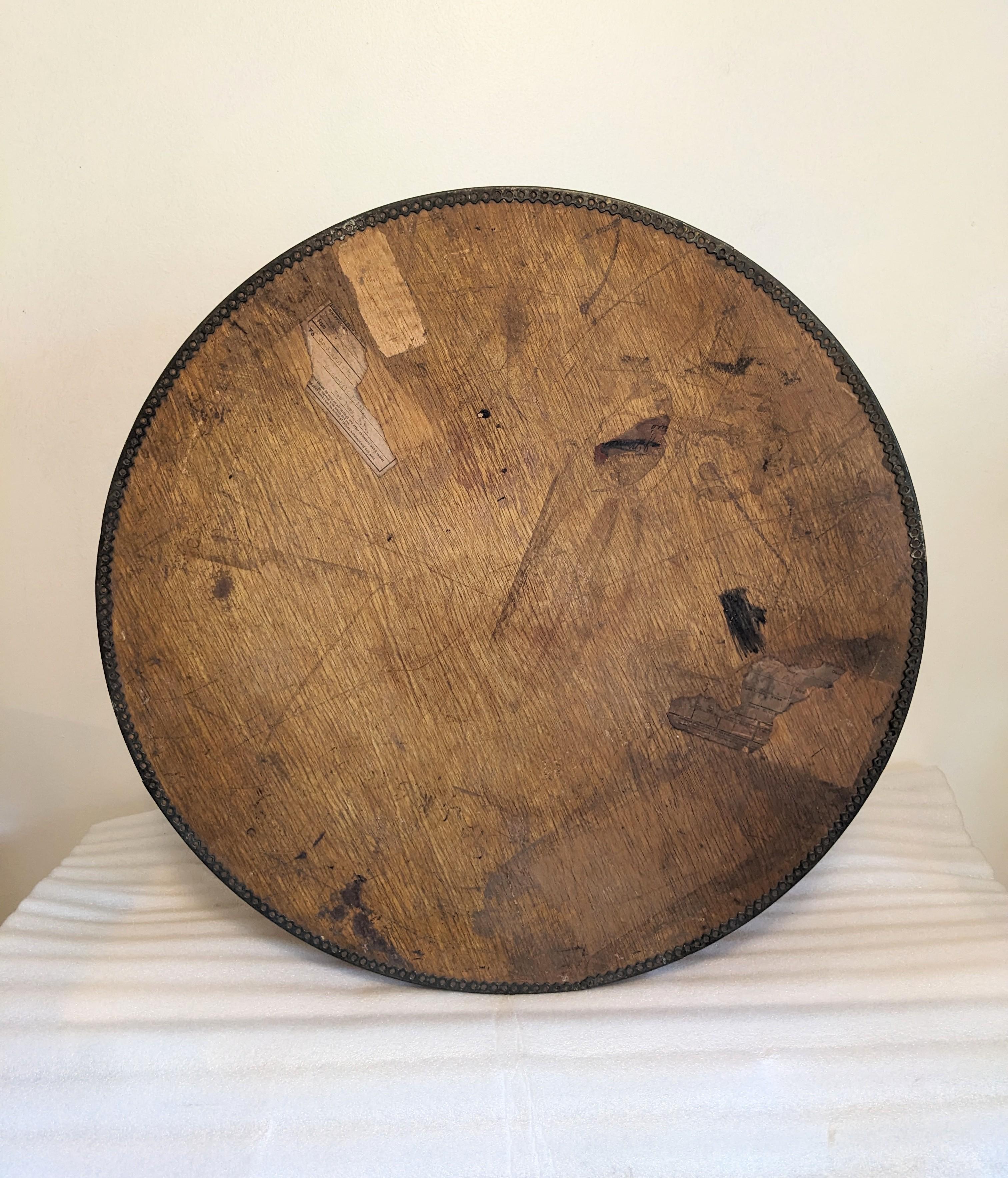 Large Edwardian Bent Wood Hat Box with metal riveted banding for support on all edges. Has a lot of period labels including Cunard Ships, with 4 feet as well to sit upright. Great for storage, European Early 1900's. 23.5