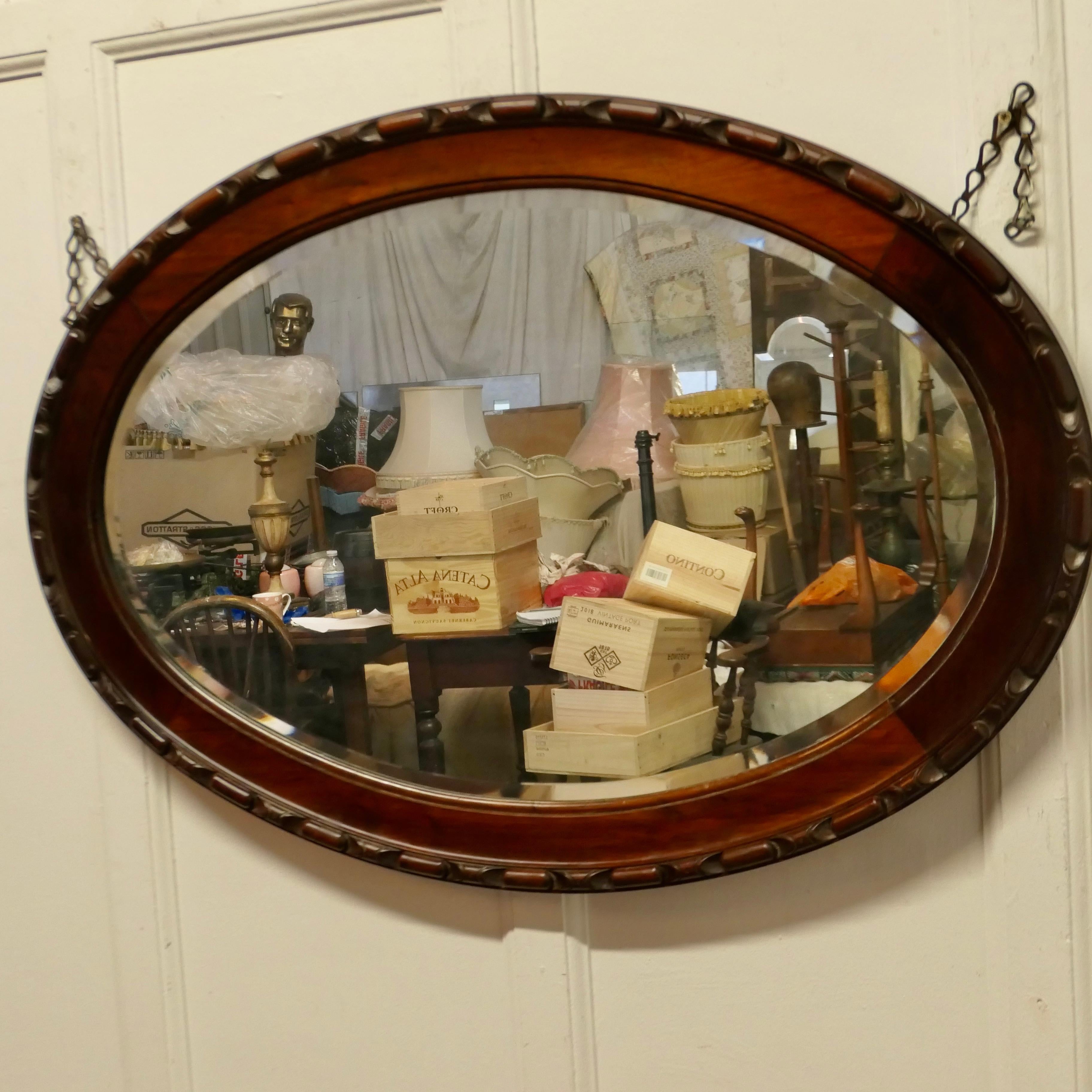 Large Edwardian Carved Walnut Oval Mirror    For Sale 3