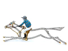 Large Edwardian Diamond Enamel Race Horse Jockey Brooch