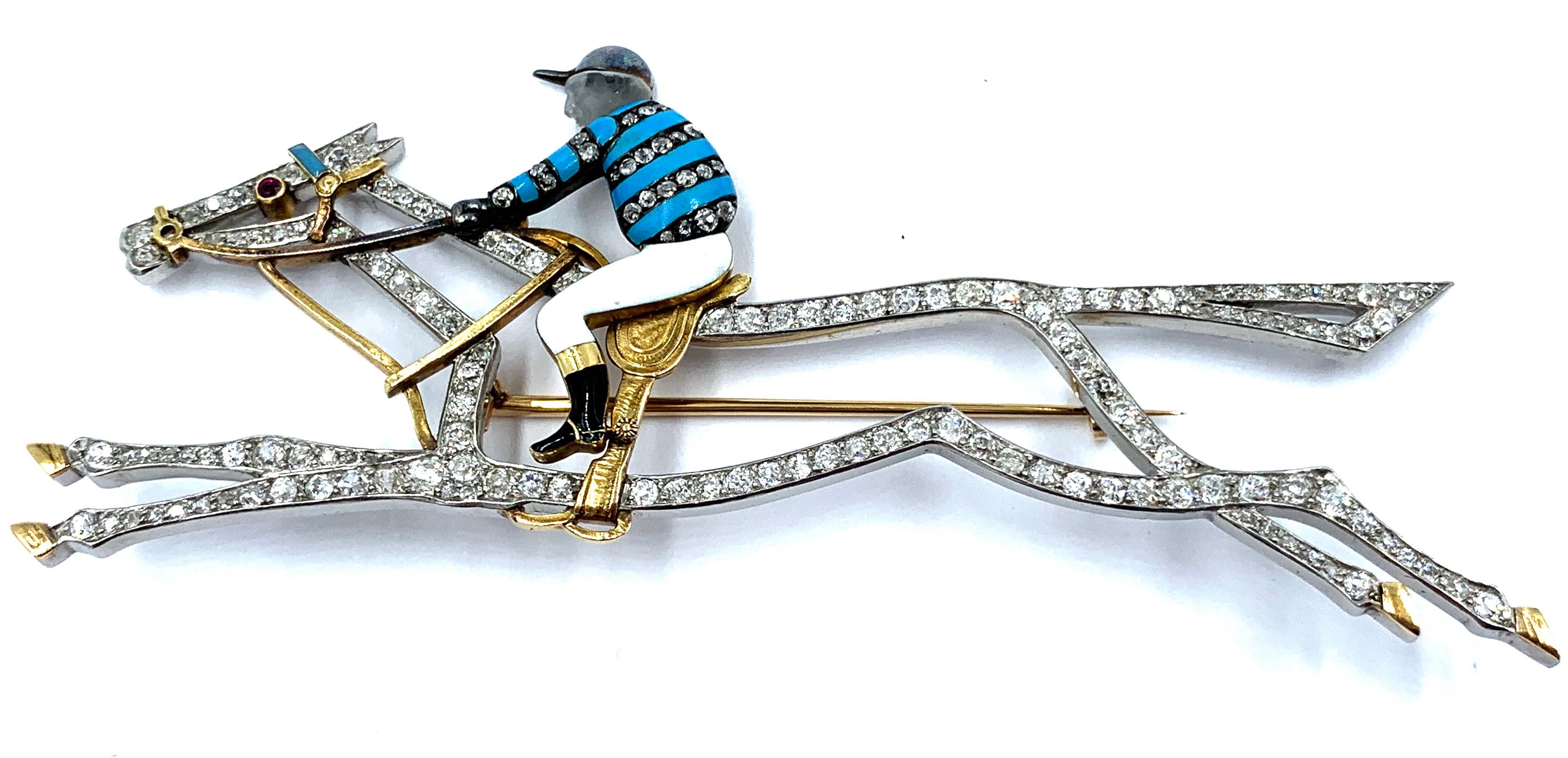 Large Edwardian Diamond Enamel Race Horse Jockey Brooch For Sale 2