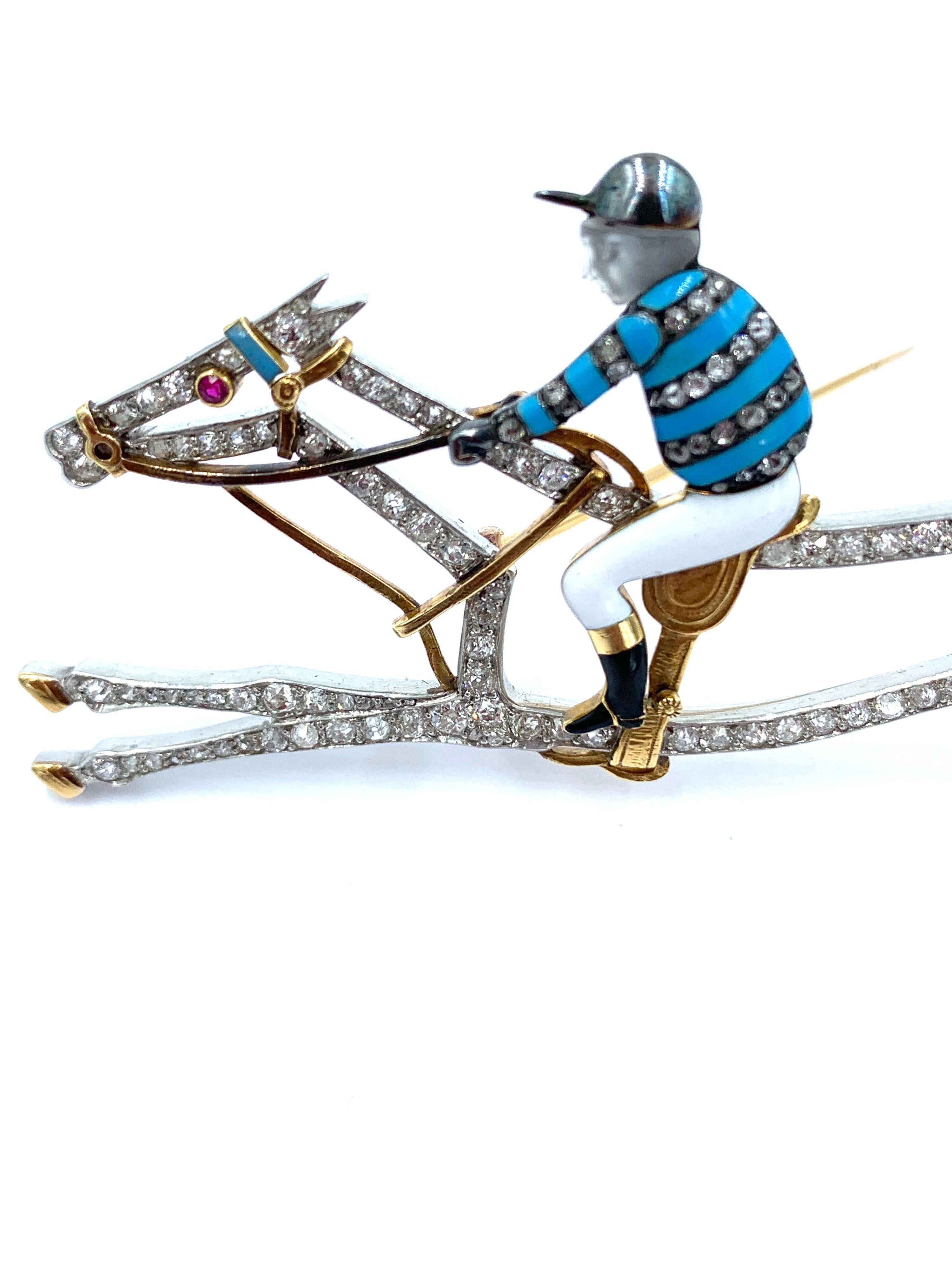 Large Edwardian Diamond Enamel Race Horse Jockey Brooch For Sale 3