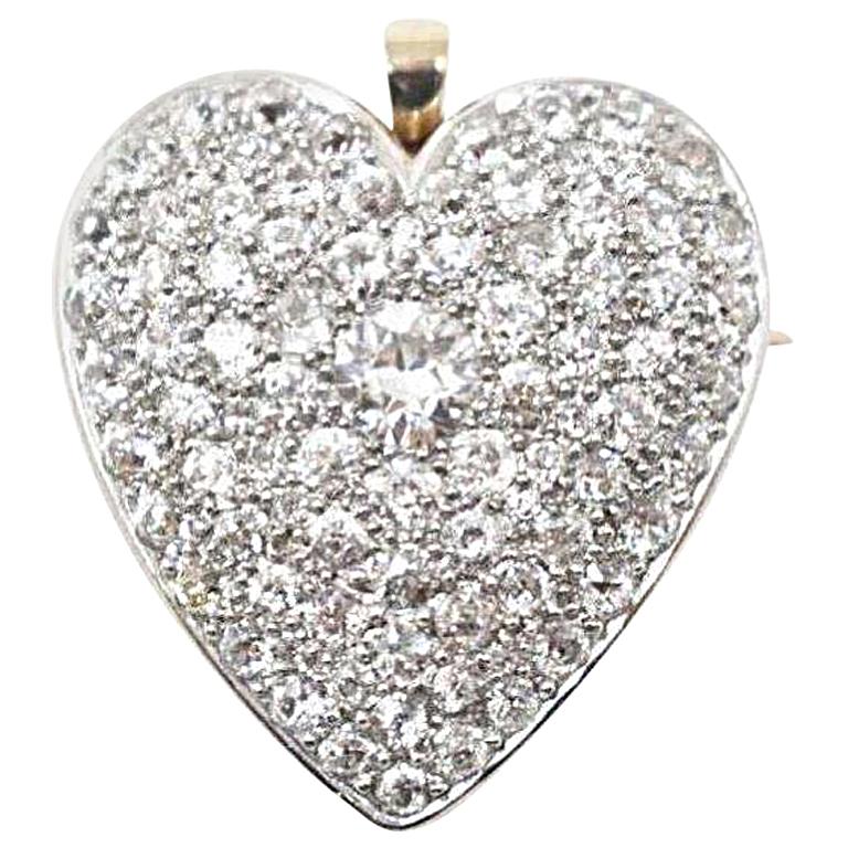 Large Edwardian Diamond Heart Brooch Pendant