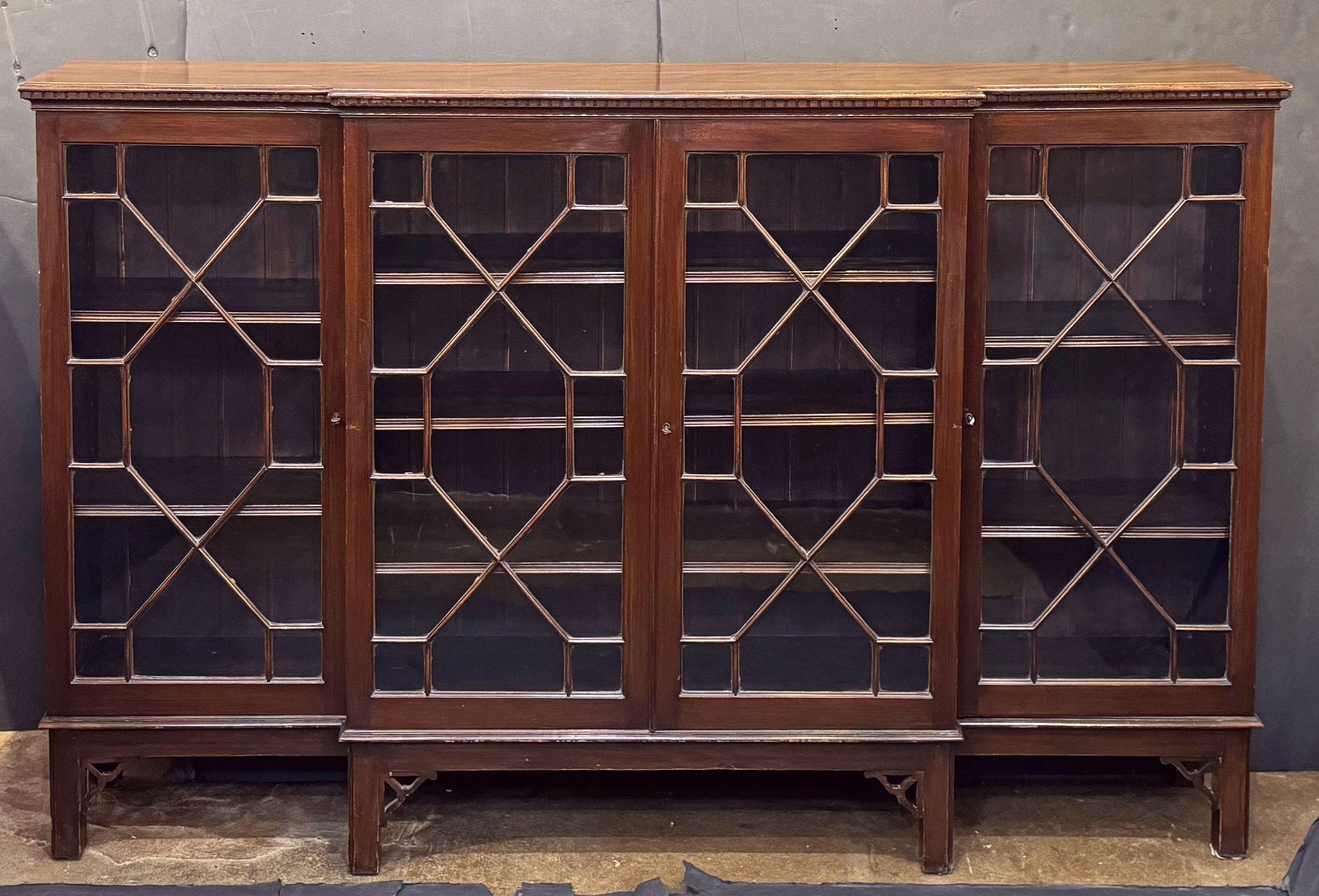 Large Edwardian Era Breakfront Bookcase of Mahogany with Astragal Glazed Doors 1