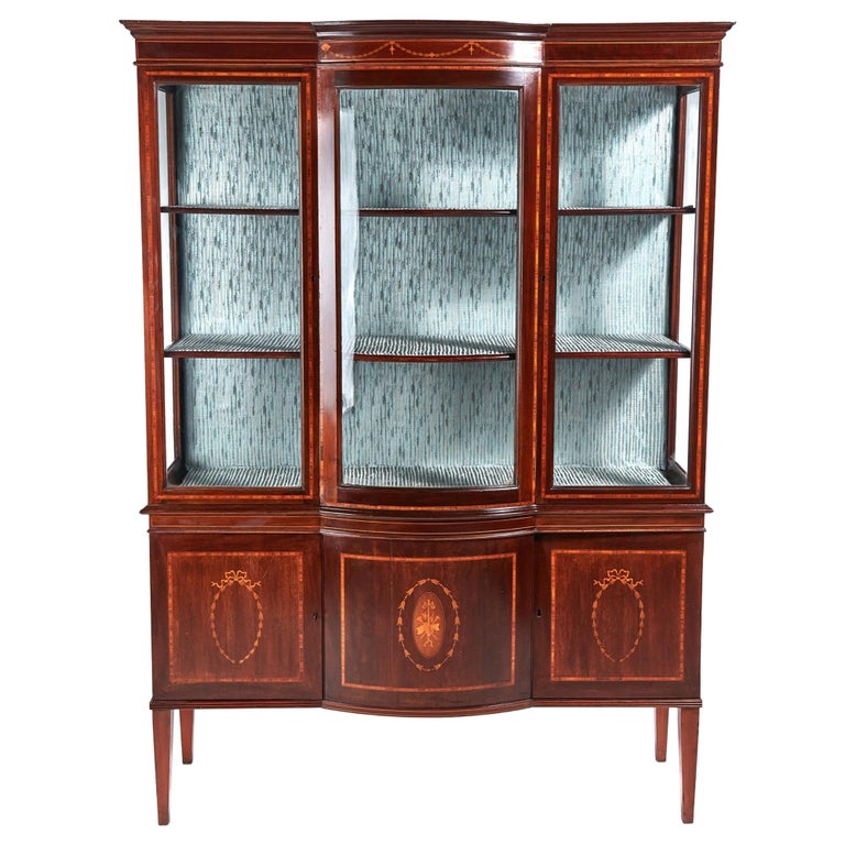 Large Edwardian Inlaid Mahogany Bow Front Display For Sale at