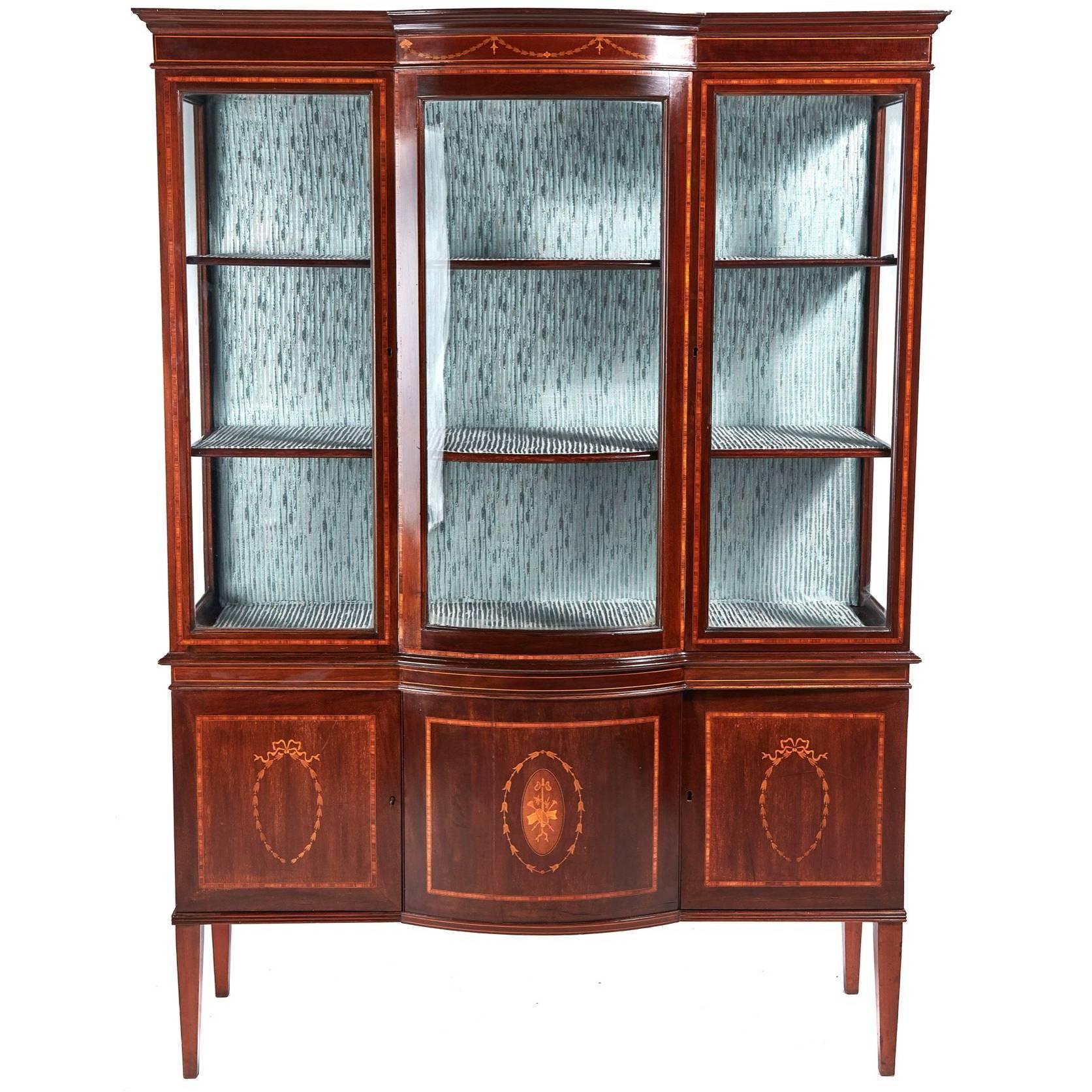 Large Edwardian Inlaid Mahogany Bow Front Display Cabinet For Sale