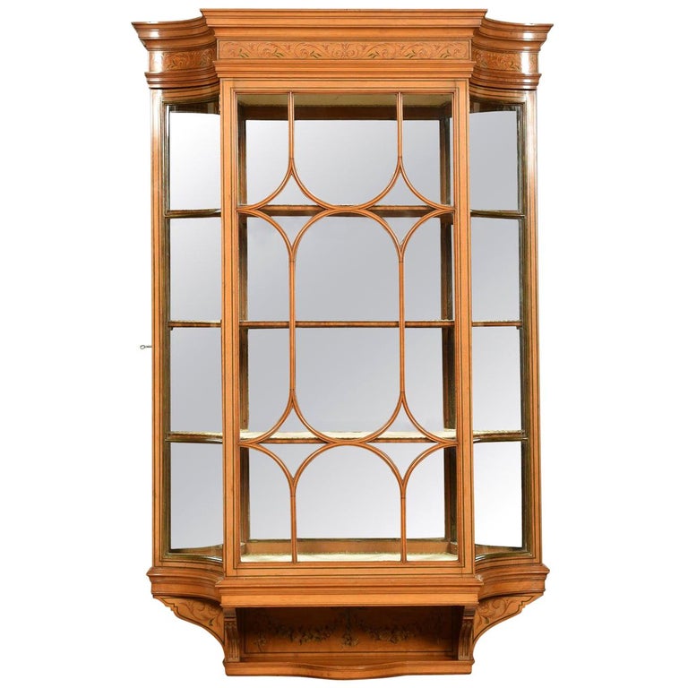 Large Edwardian Painted Satinwood Wall Hanging Display Cabinet For