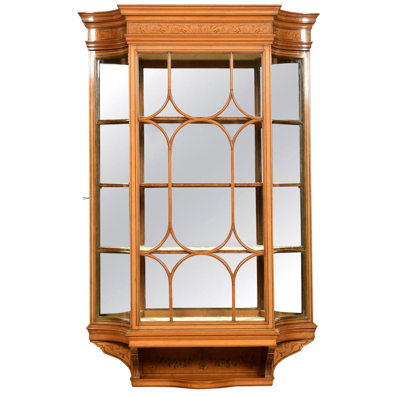 Large Edwardian Painted Satinwood Wall Hanging Display Cabinet