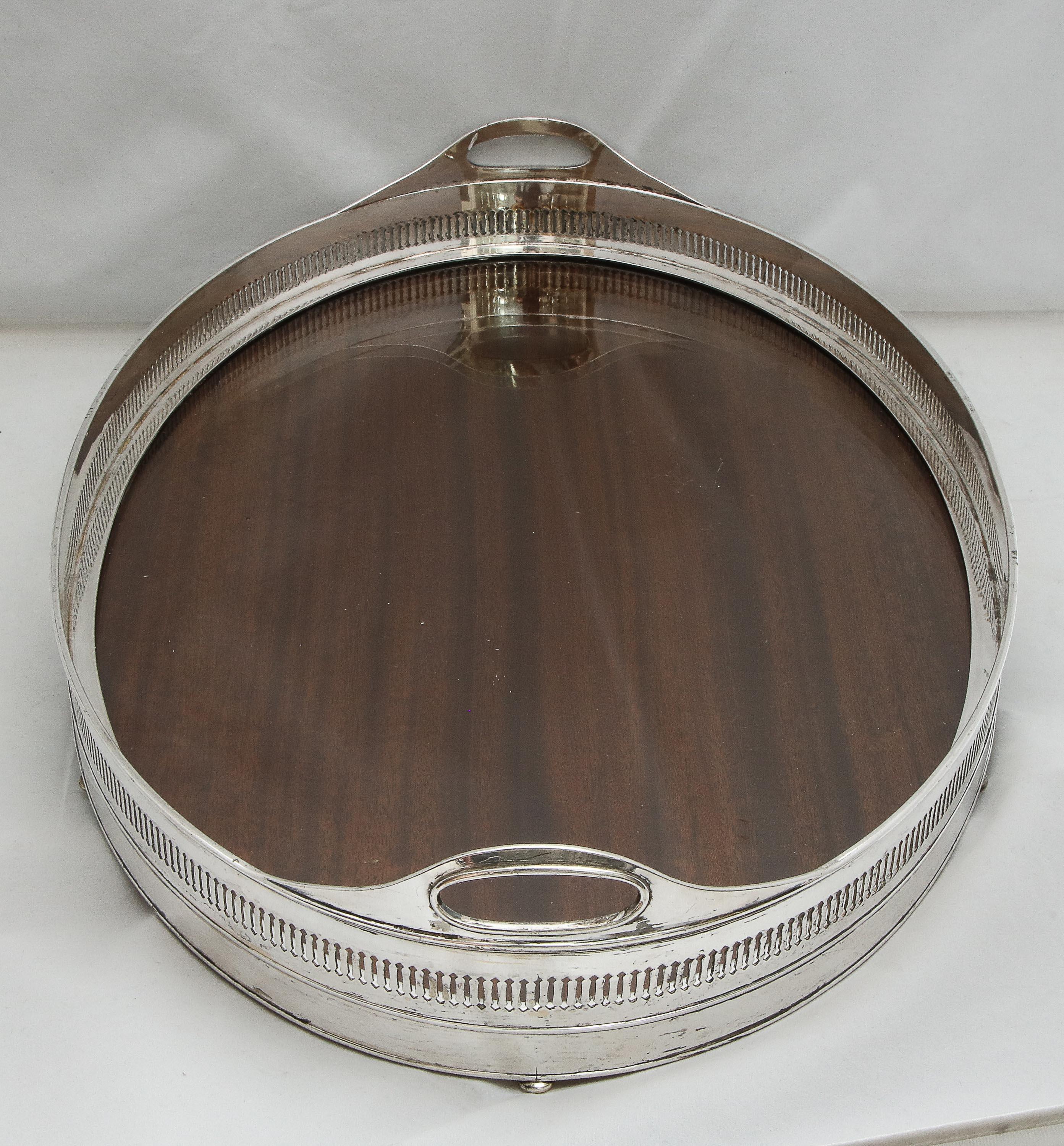 Early 20th Century Large Edwardian Period Sheffield Silver Plate, Mounted Wood Gallery Tray