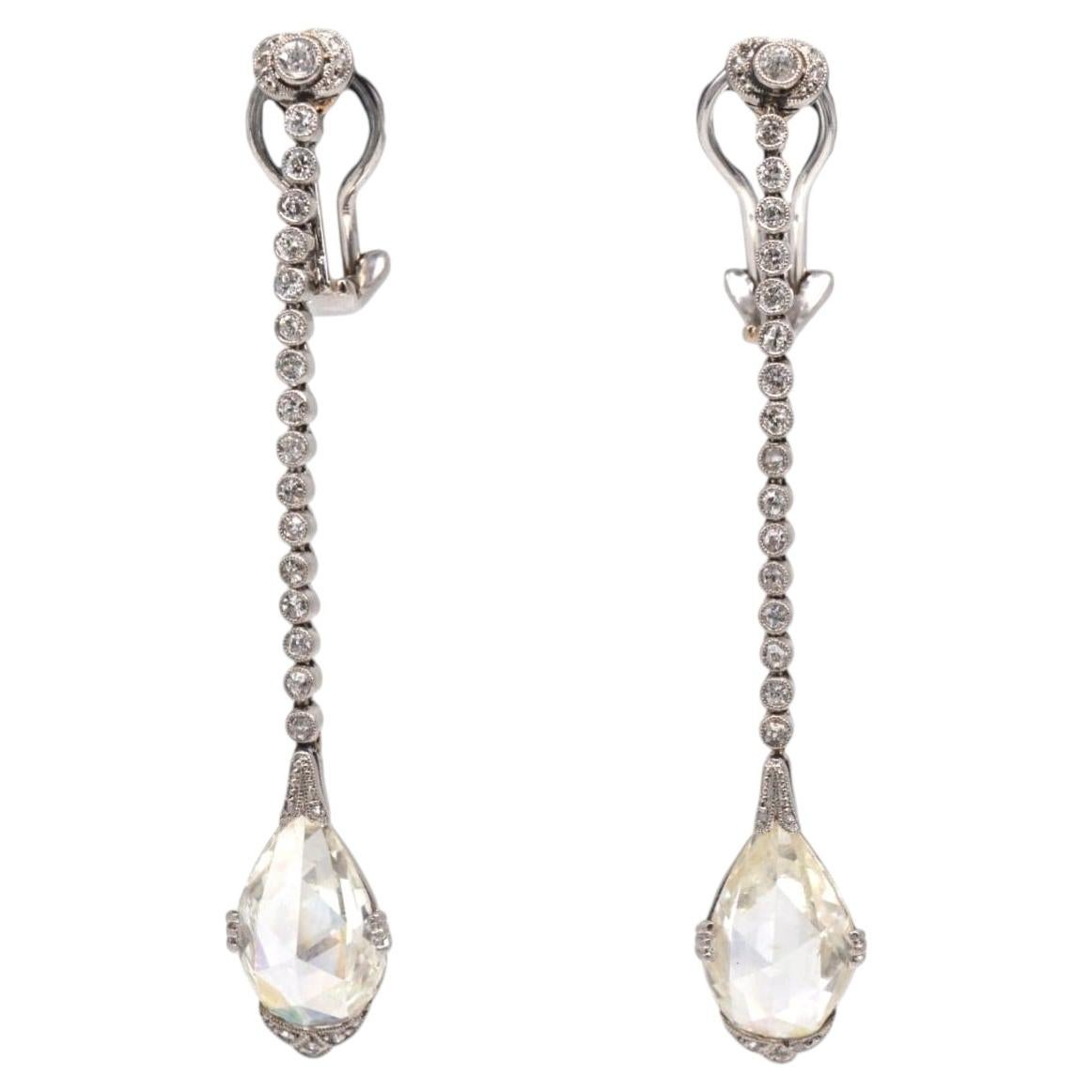 Large Edwardian Platinum Rose Cut Diamond Drop Clip On Earrings For Sale