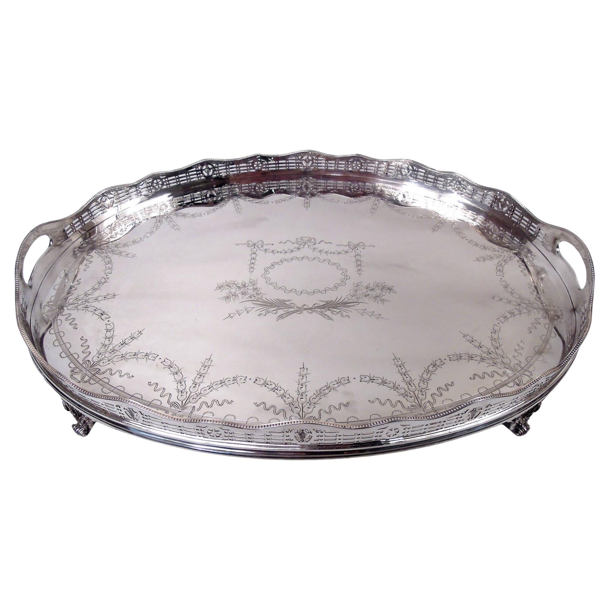 Large Edwardian Regency Sterling Silver Gallery Tea Tray, 1909