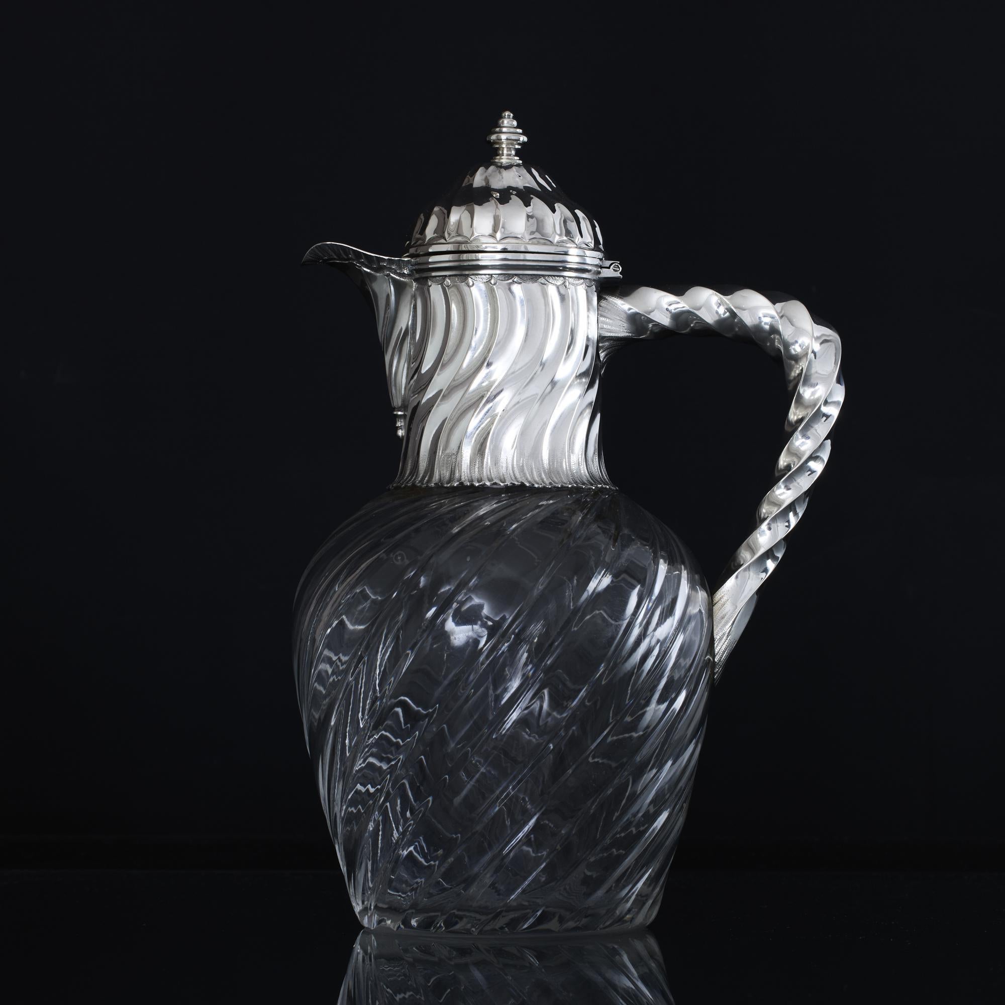 1st standard French silver & glass claret wine jug In Good Condition For Sale In London, GB
