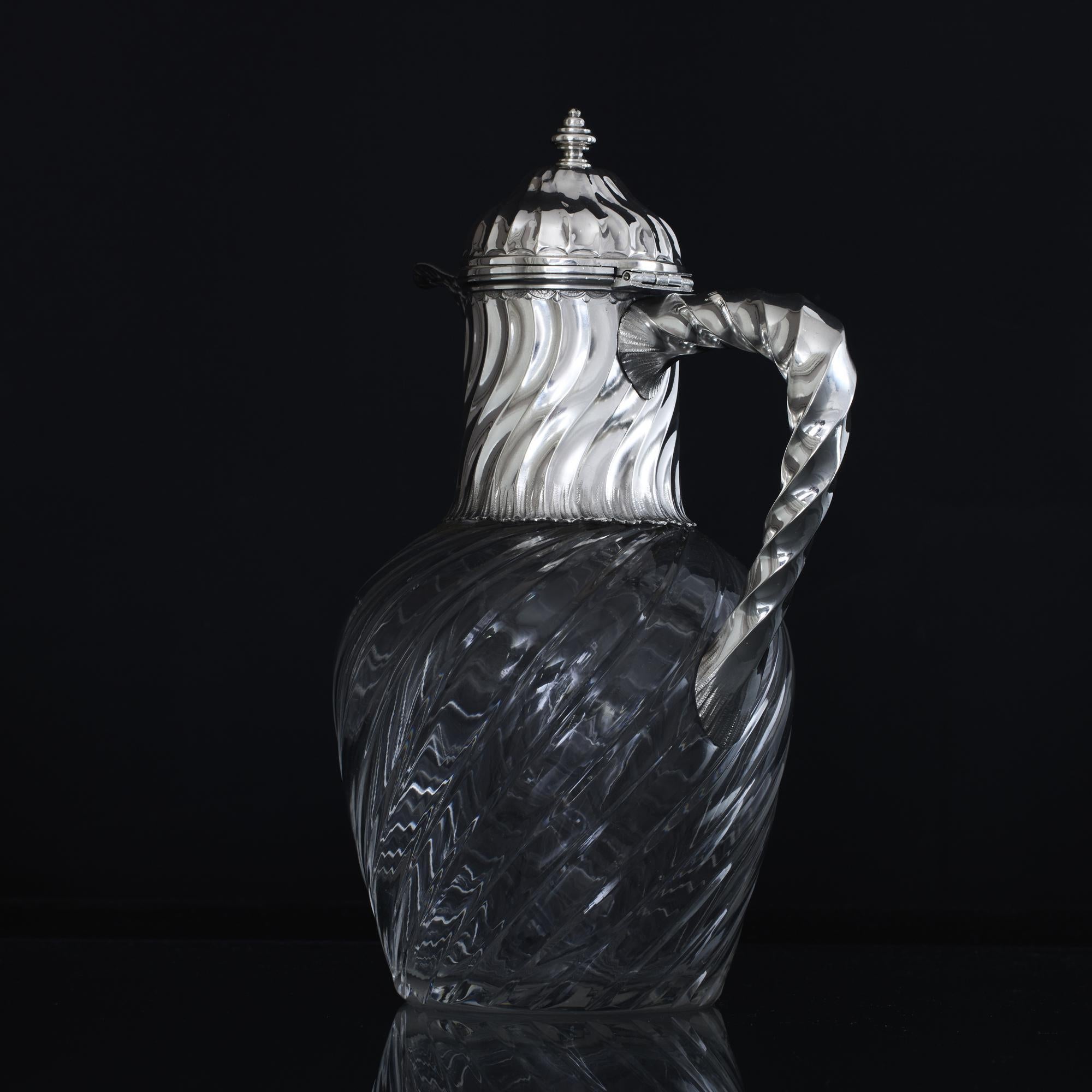19th Century 1st standard French silver & glass claret wine jug For Sale