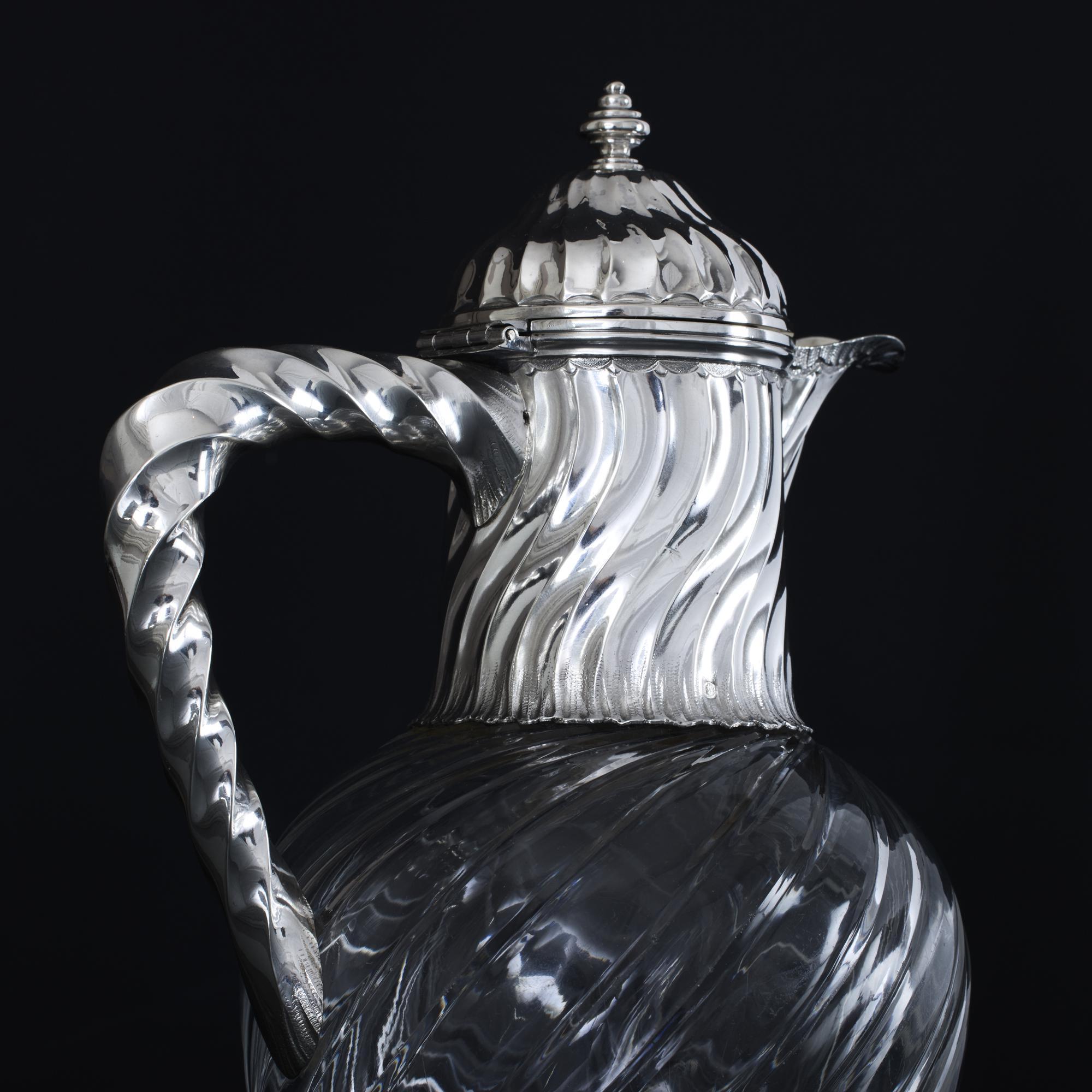 1st standard French silver & glass claret wine jug For Sale 1