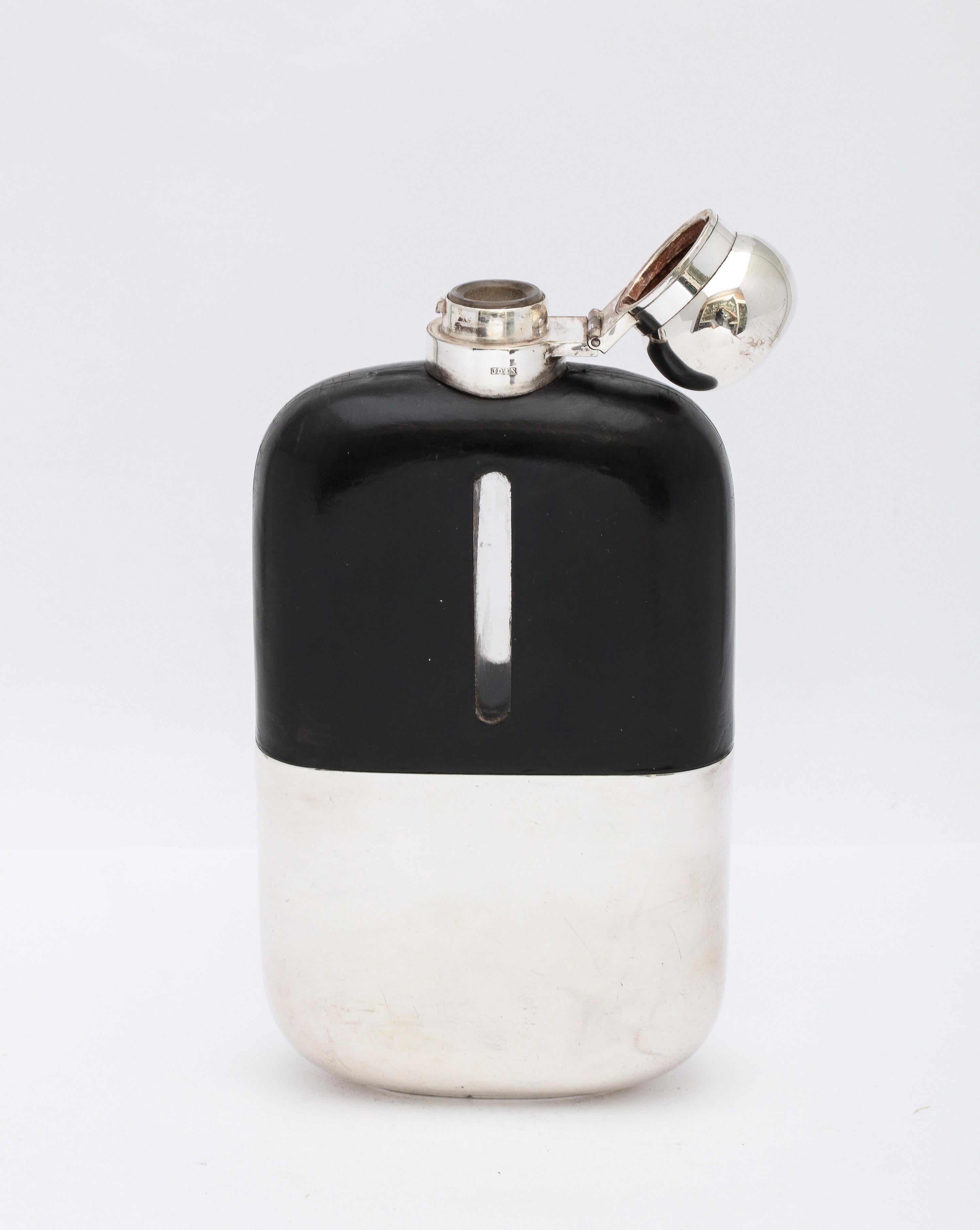English Large Edwardian Silver-Plate and Leather-Mounted Glass Flask With Hinged Lid For Sale