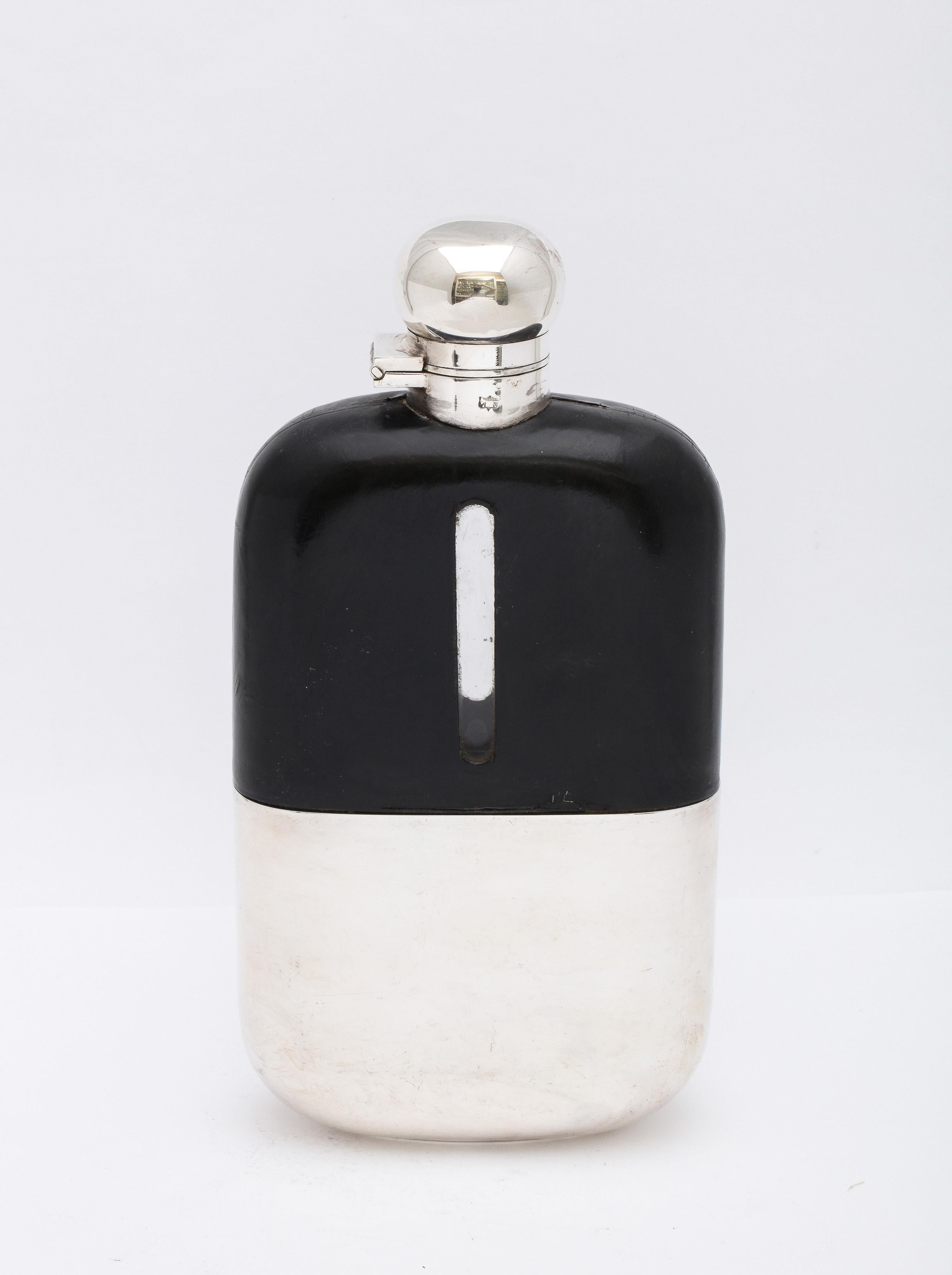 Early 20th Century Large Edwardian Silver-Plate and Leather-Mounted Glass Flask With Hinged Lid For Sale