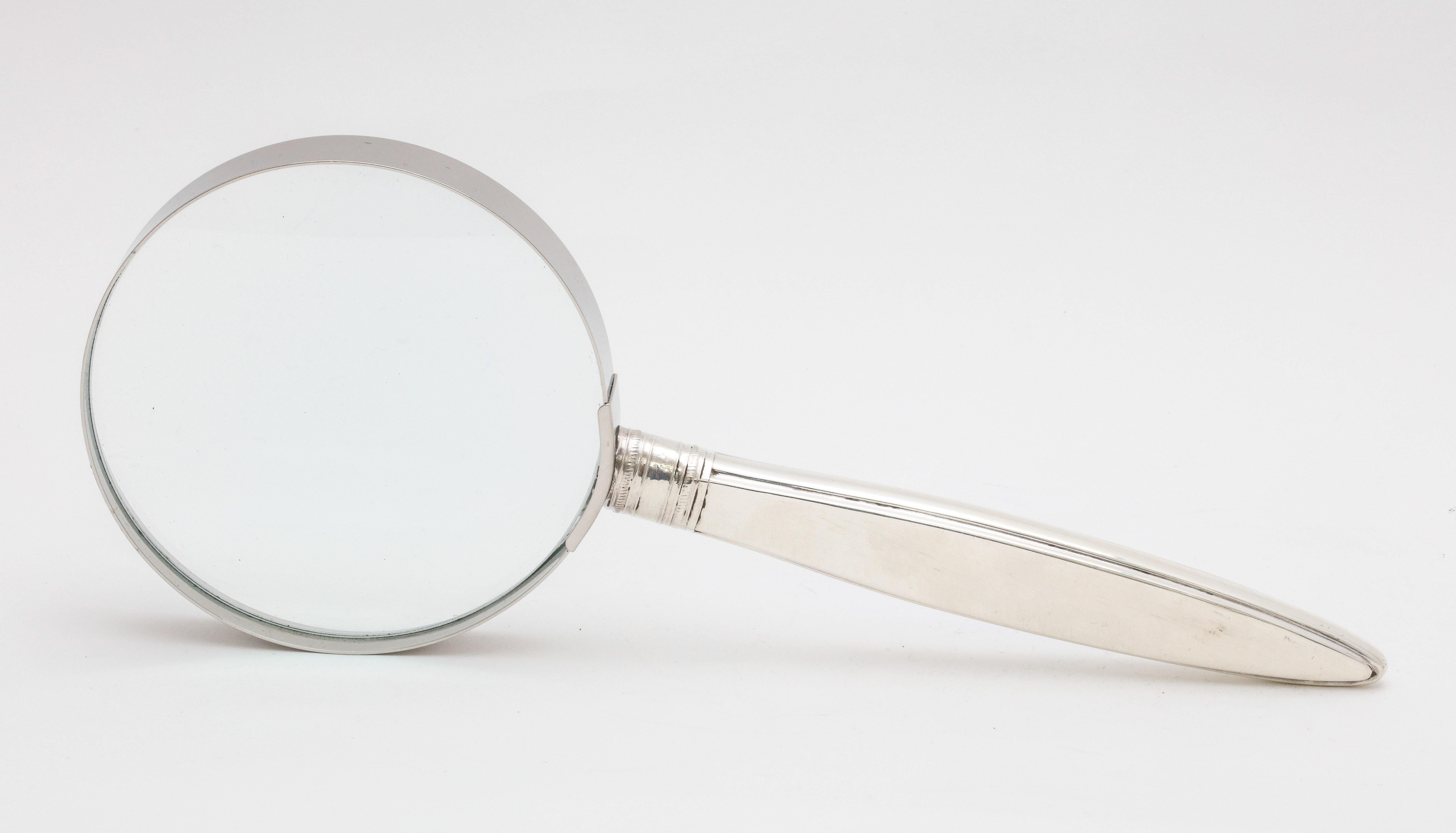 Metal Large Edwardian Sterling Silver and Blue Enamel-Mounted Magnifying Glass