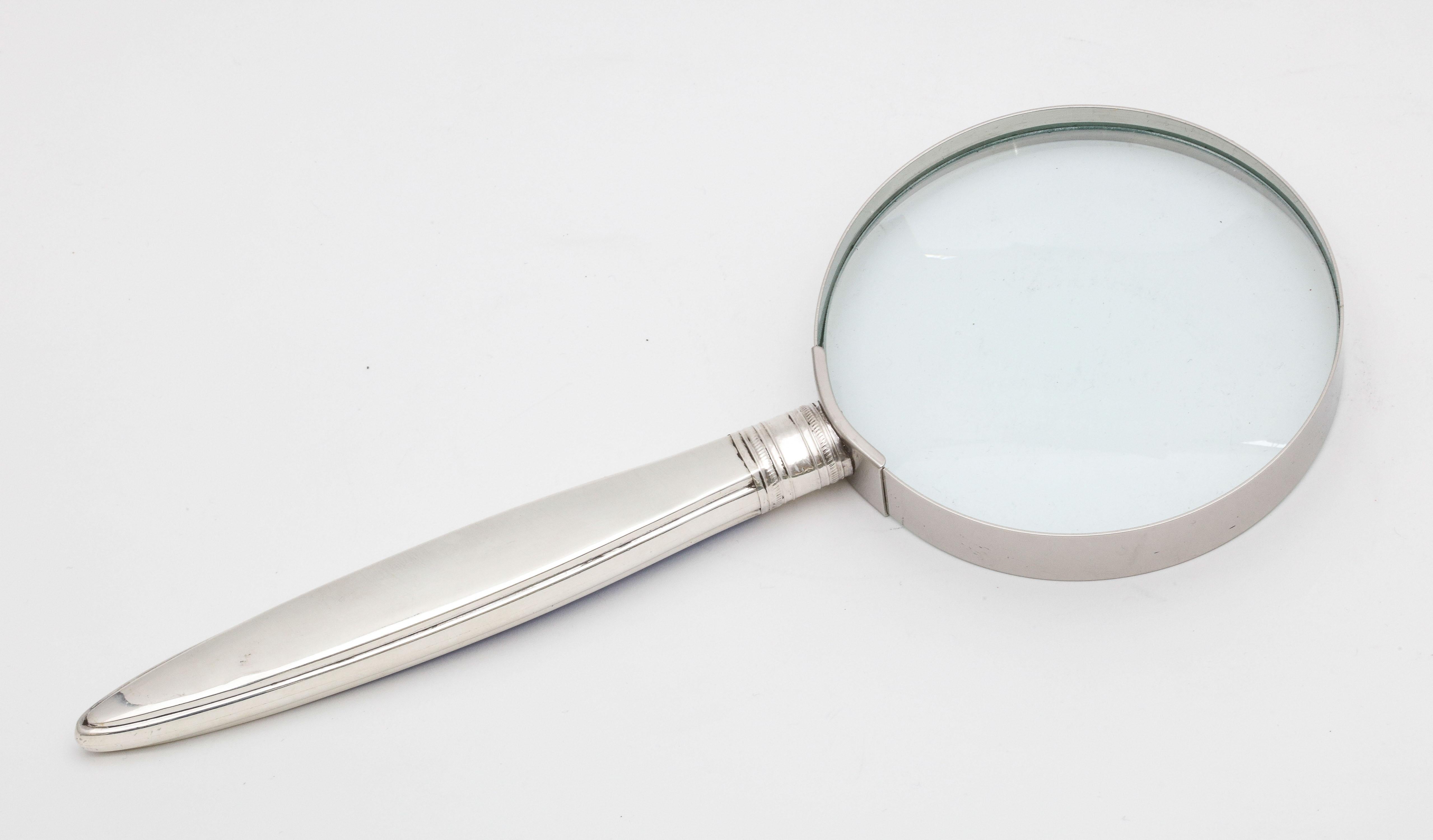 Large Edwardian Sterling Silver and Blue Enamel-Mounted Magnifying Glass 2