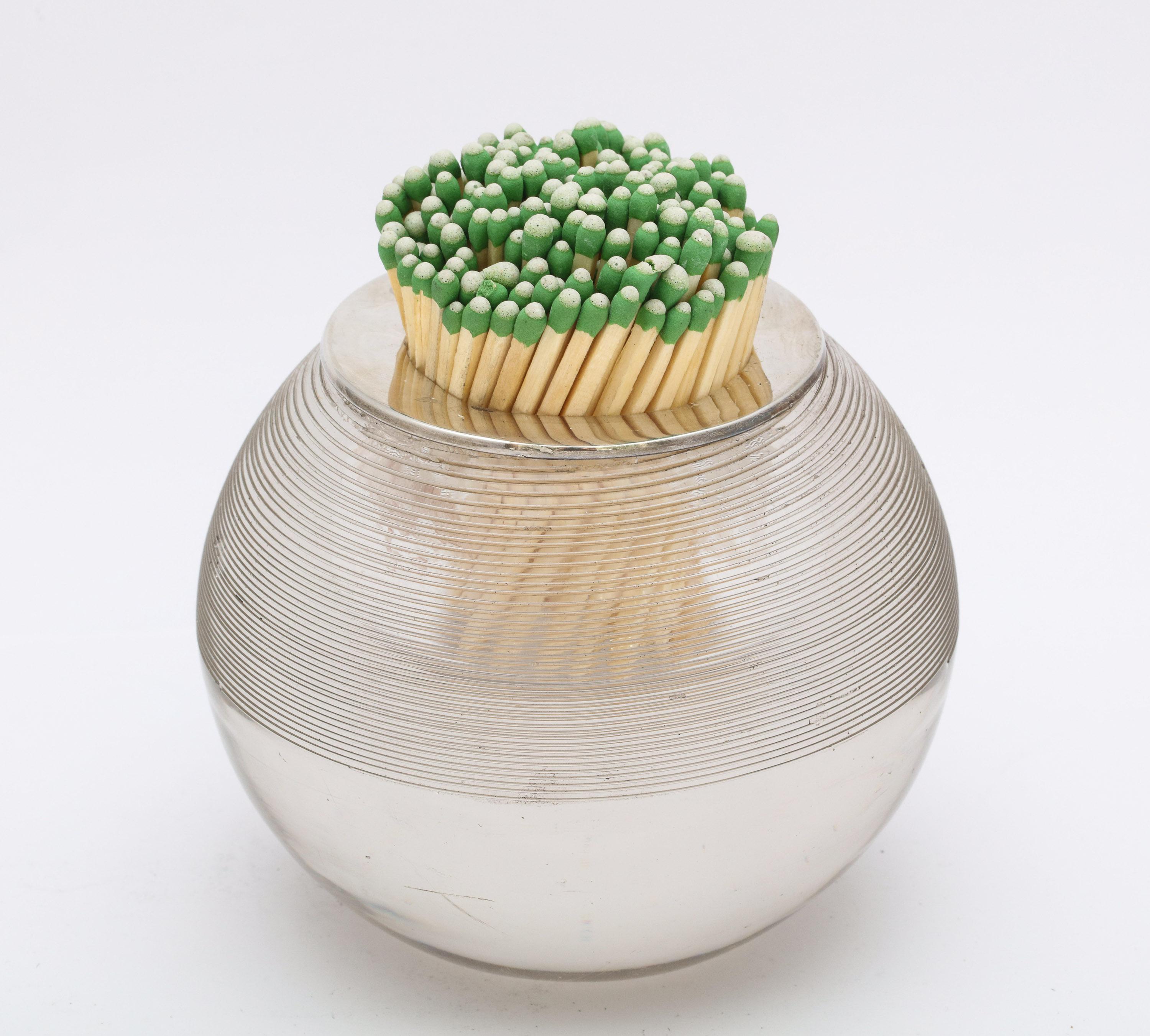 Unusual, large, Edwardian, sterling silver-mounted, threaded crystal match striker, American, circa 1905. Unusual design - striker is threaded only half-way down; the other half of the striker is clear. Measures 3 1/2 inches high x 4 inches