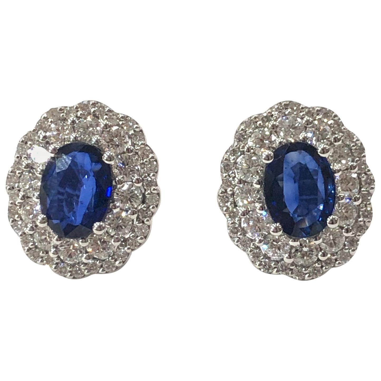 Large Edwardian Style Sapphire and Diamond Cluster Ear Studs For Sale