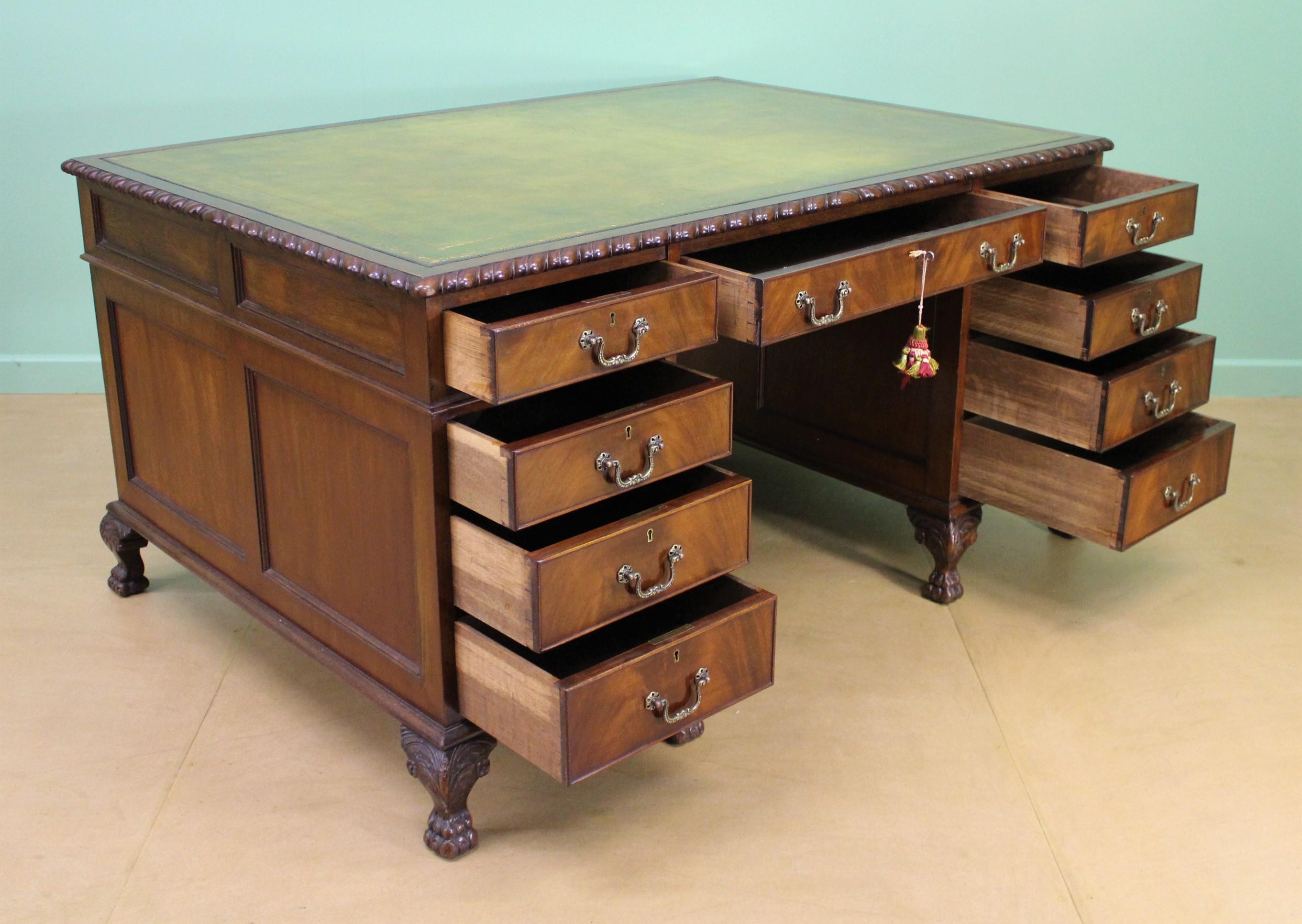 Large Edwardian Walnut Partners Pedestal Desk 6