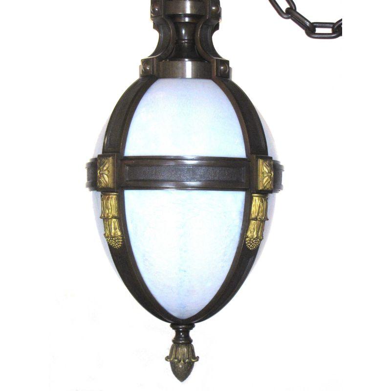 20th Century Large E.F. Caldwell Gilt Bronze and White Glass Pendant Light For Sale