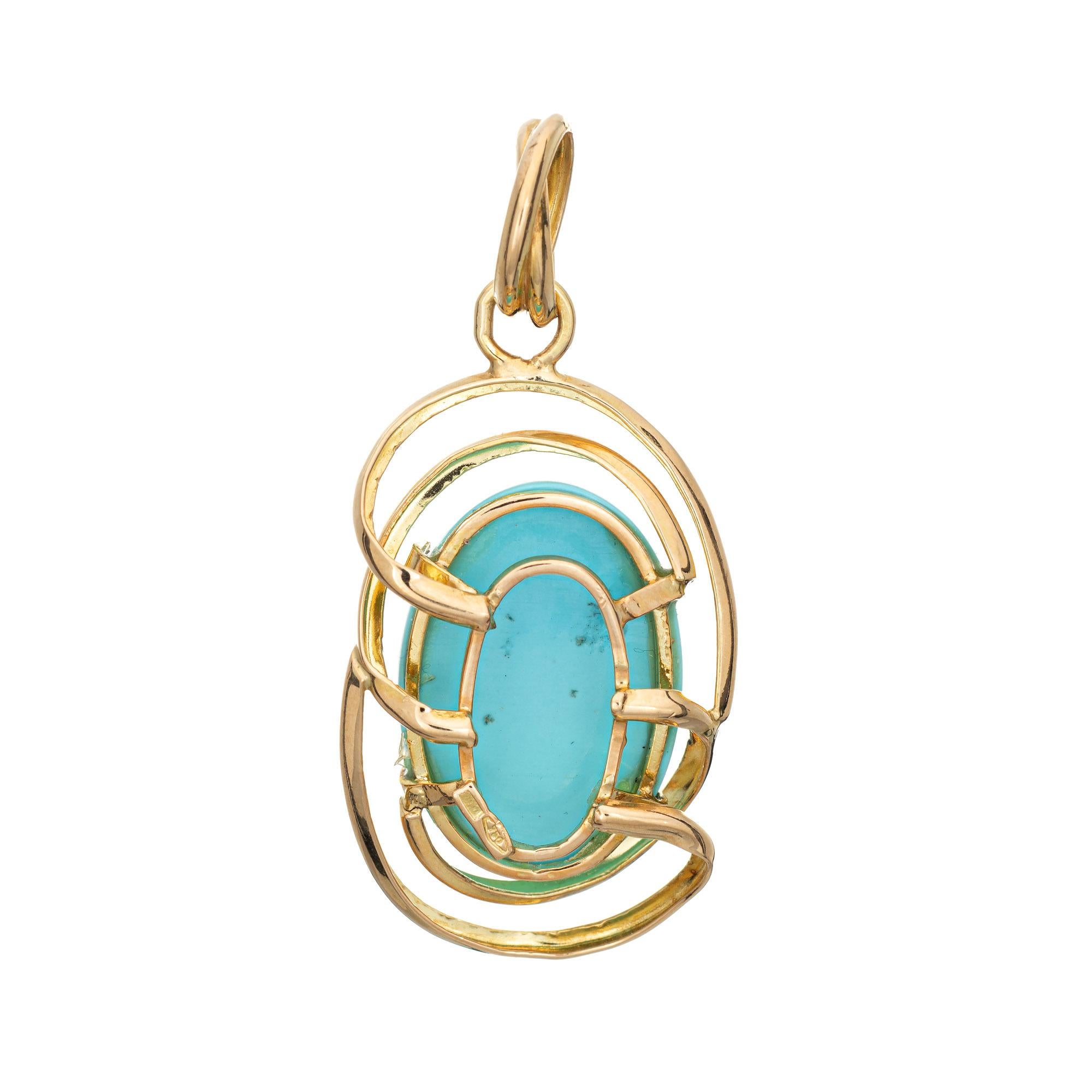 Finely detailed vintage egg shell blue large turquoise pendant crafted in 18 karat yellow gold (circa 1960s to 1970s). 

Cabochon cut turquoise measures 24mm x 16.5mm (estimated at 25 carats). The turquoise is in excellent condition and free of