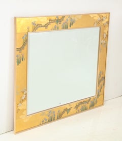 Large Églomisé Gold Bevelled Mirror with Asian Design by La Barge