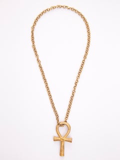 Large Egyptian Ankh Pendant Chain in Silver, Gold Plated & Natural Diamonds