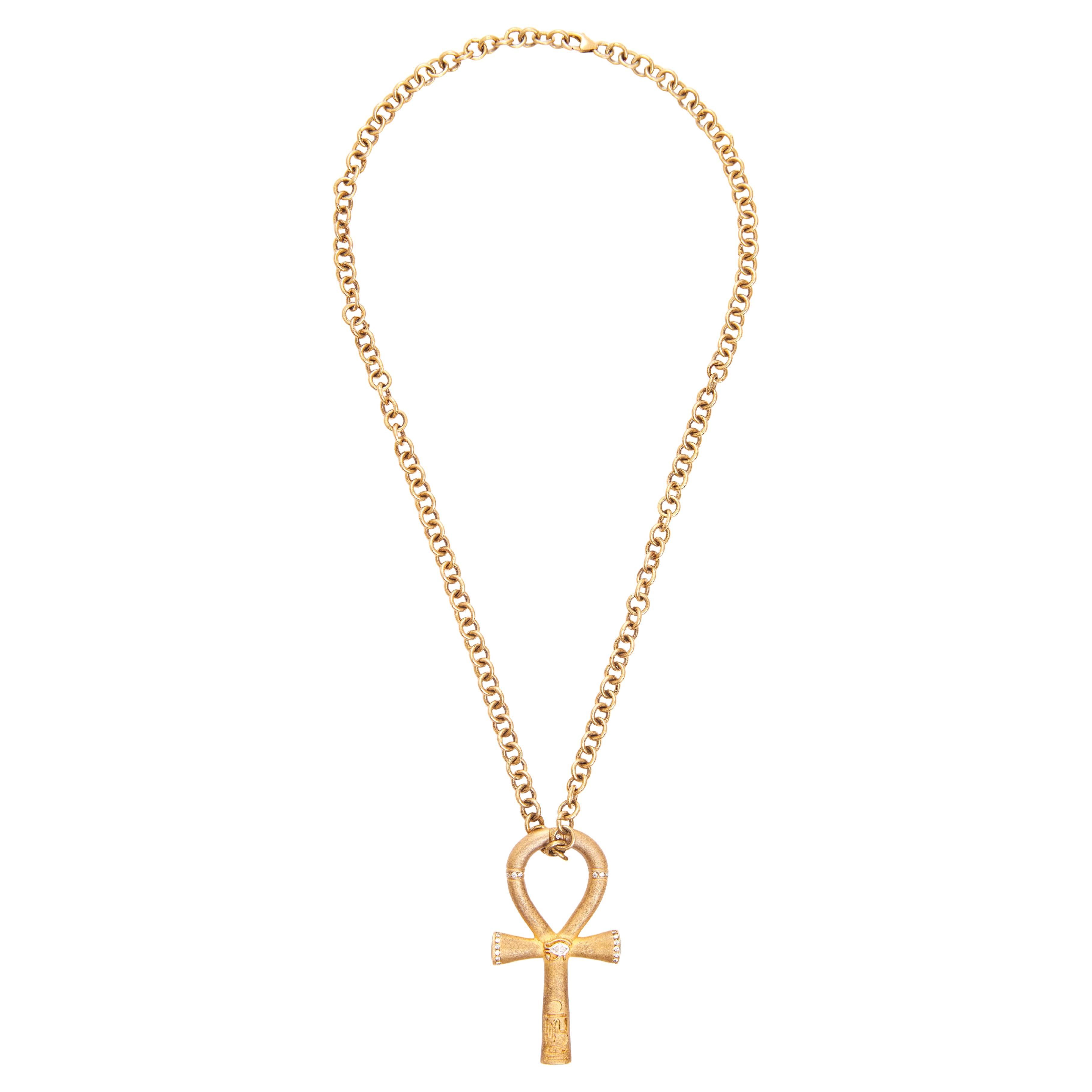 Large Egyptian Ankh Pendant Chain in Silver, Gold Plated & Natural Diamonds