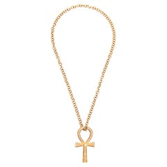 Grande chaîne pendentif égyptienne Ankh en argent, plaqué or et diamants naturels