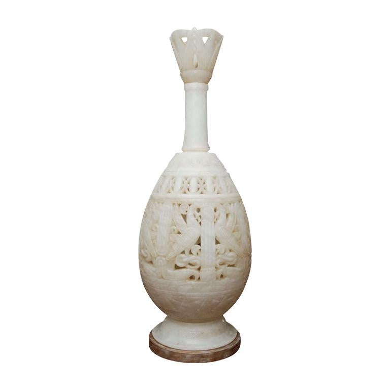 Pair of Egyptian Alabaster Wide Rimmed Urn Vases For Sale at 1stdibs