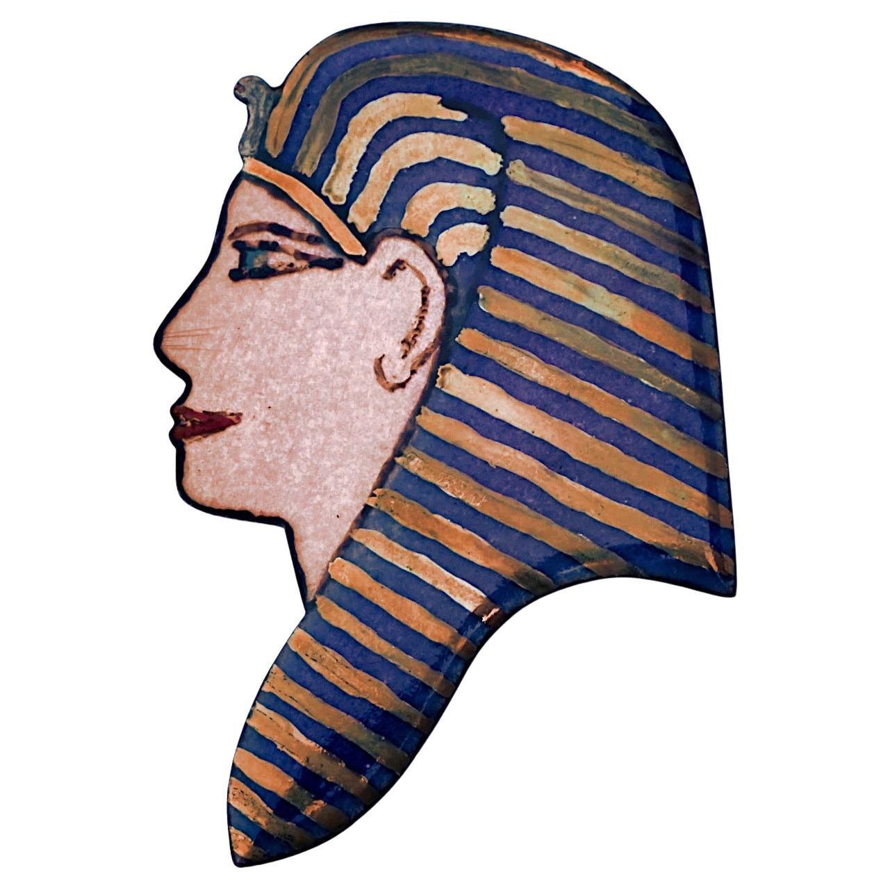 Large Egyptian Revival Blue and Gold Enamel Pharaoh Brooch For Sale