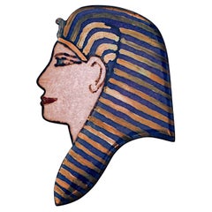 Retro Large Egyptian Revival Blue and Gold Enamel Pharaoh Brooch