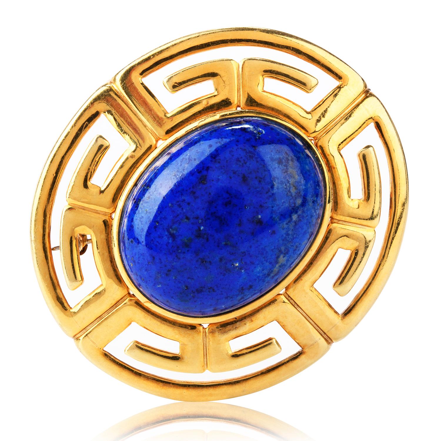 Finish off the look with this Egyptian Styled Lapis Lazuli Brooch Pin crafted in 14K Yellow Gold. The eye of the1970s  vintage brooch is a large oval shaped vibrant blue Lapis

measuring appx. 22 x 28mm.

Weighing appx. 37.6 Grams, this brooch