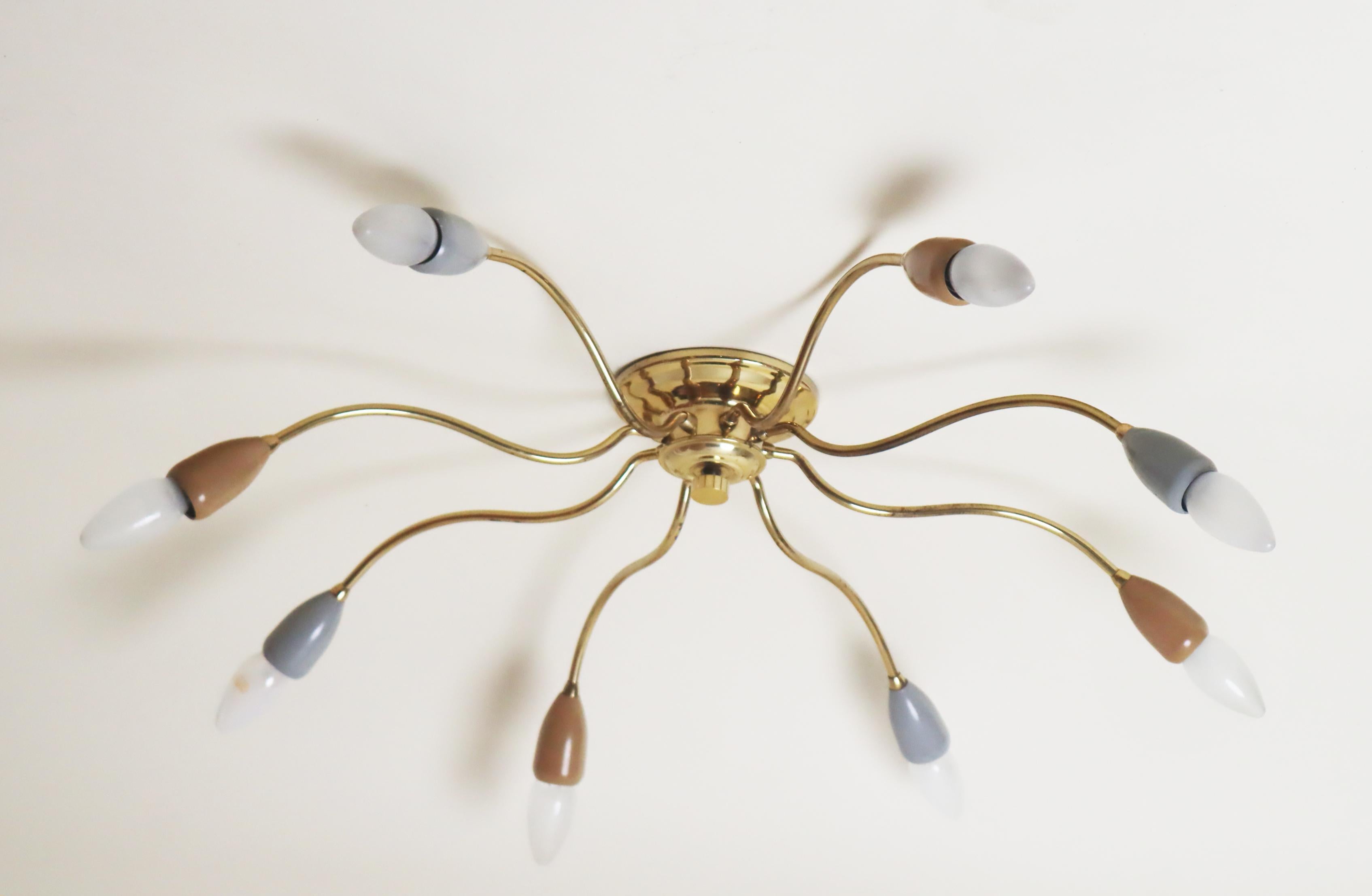 Questa graziosa lampada da soffitto a ragno della metà del secolo scorso è un vero gioiello. Il suo design è così artistico! I bracci curvi in ottone aggiungono un tocco vivace e gli zoccoli della lampada sono dipinti in due colori diversi per un