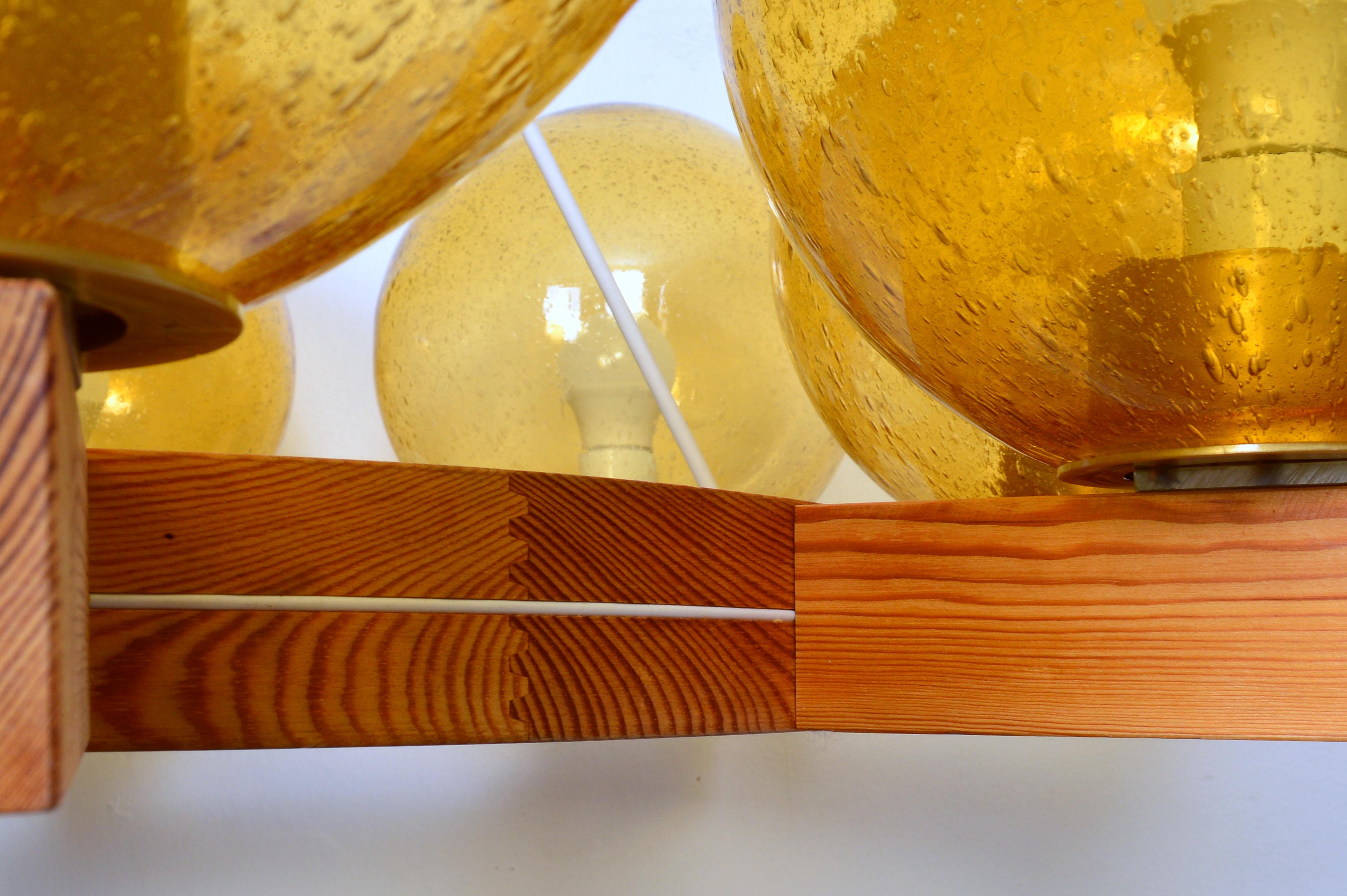 Large Eight Arms Solid Pine Chandelier with Glass Shades by Luxus Sweden, 1960s in vendita 3