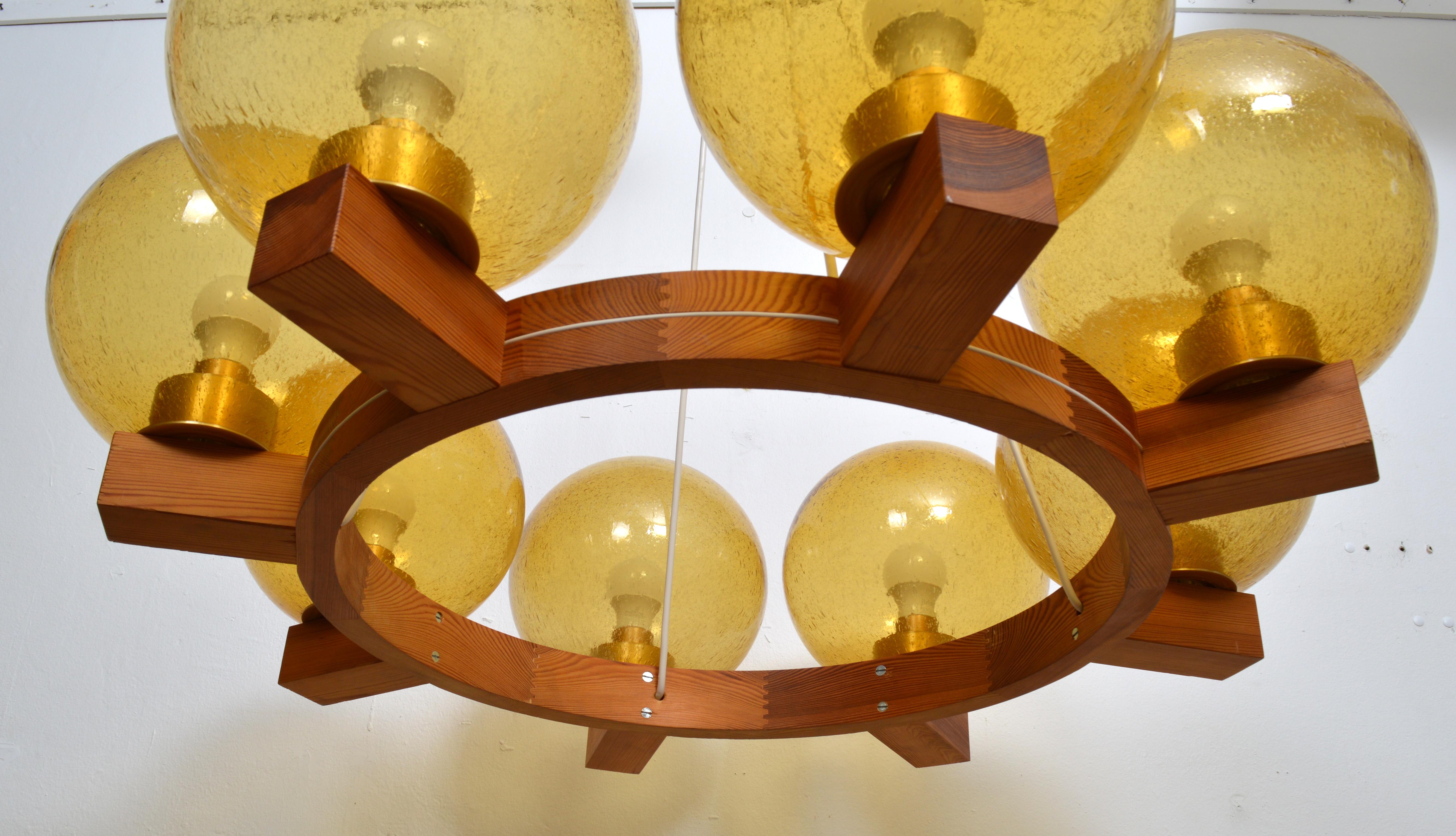 Swedish Large Eight Arms Solid Pine Chandelier with Glass Shades by Luxus Sweden, 1960s