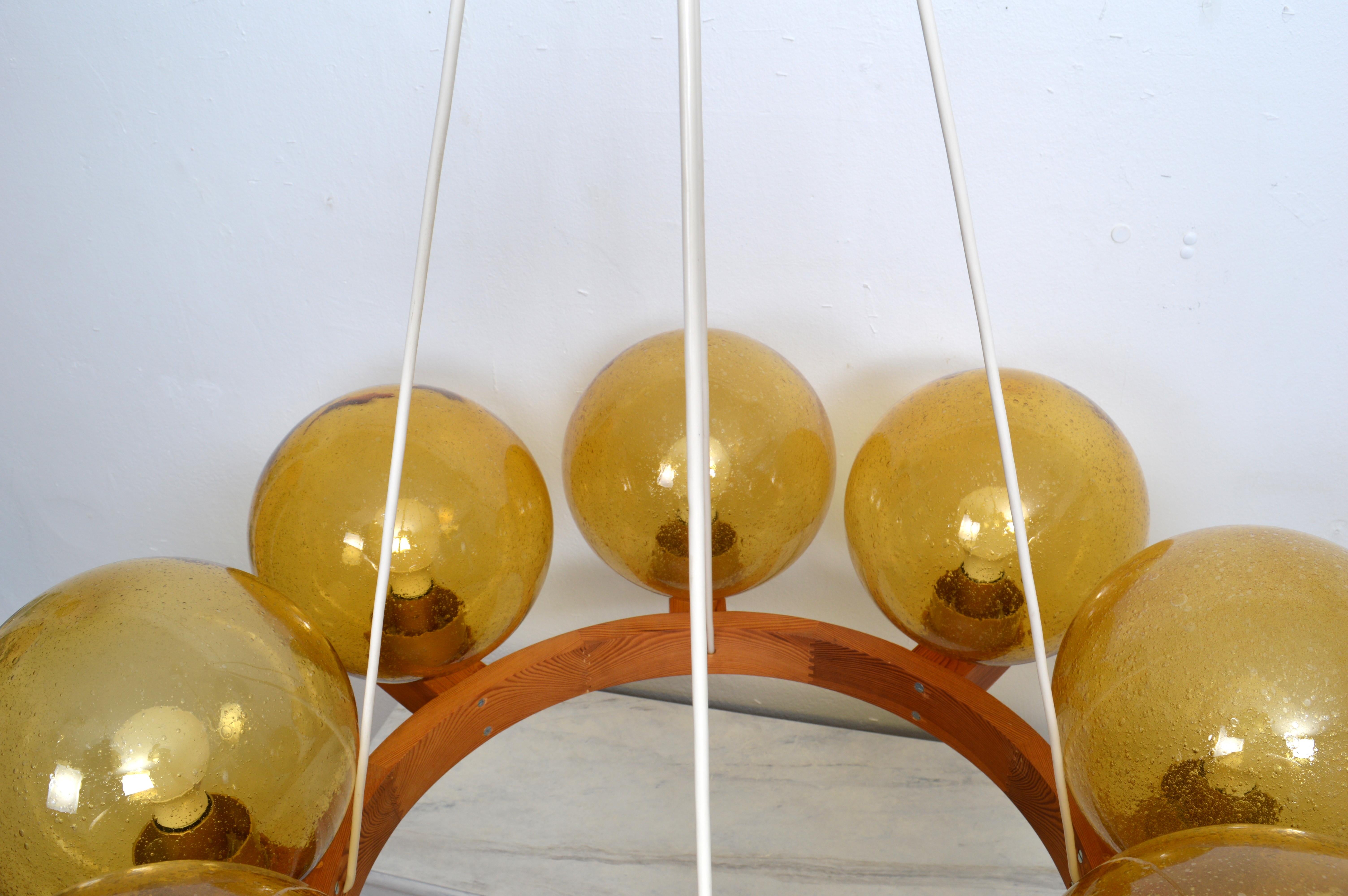 Large Eight Arms Solid Pine Chandelier with Glass Shades by Luxus Sweden, 1960s In Excellent Condition In Stockholm, SE